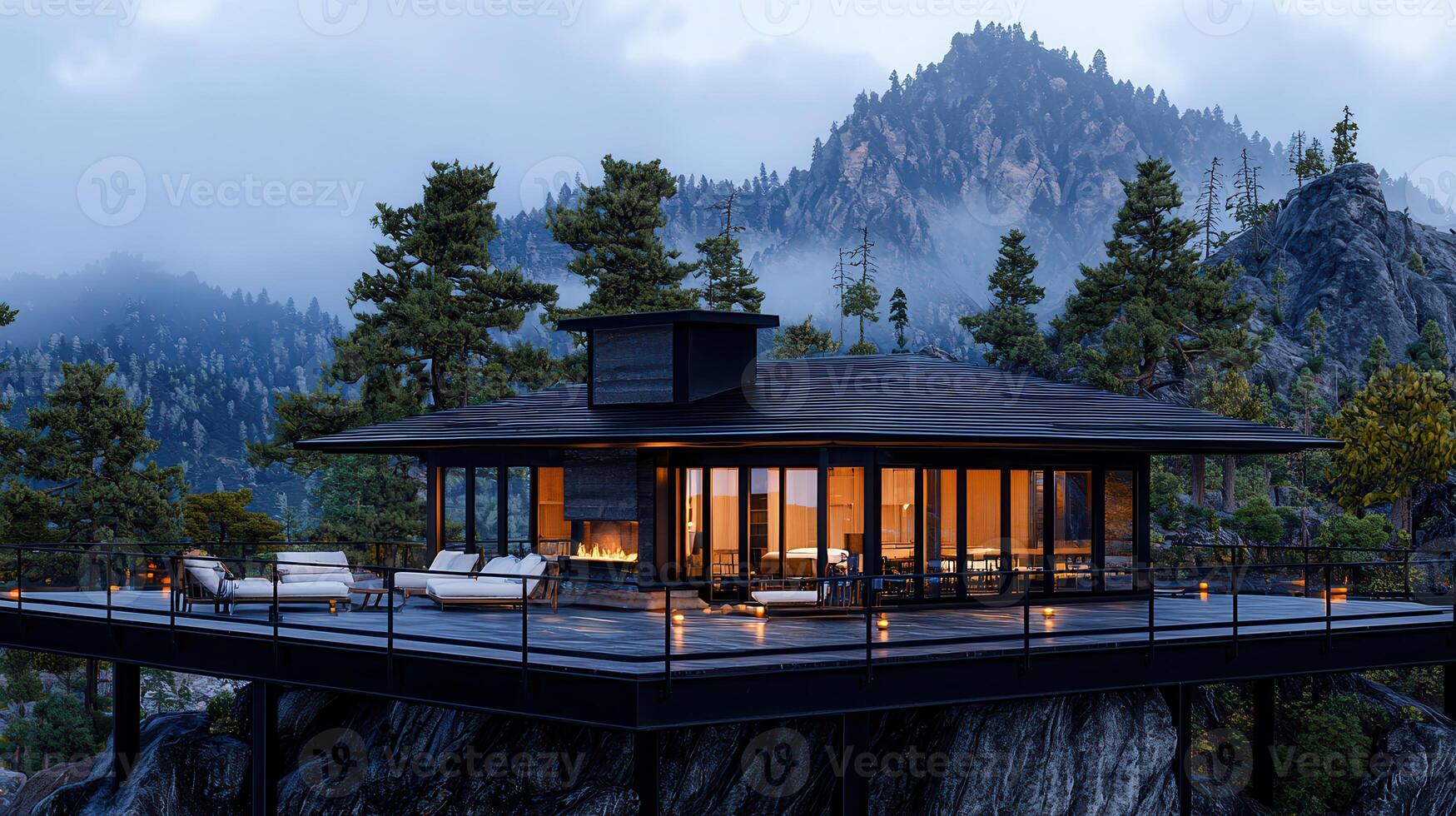 Modern Mountaintop Cabin with Deck Panoramic View Evening Lighting photo