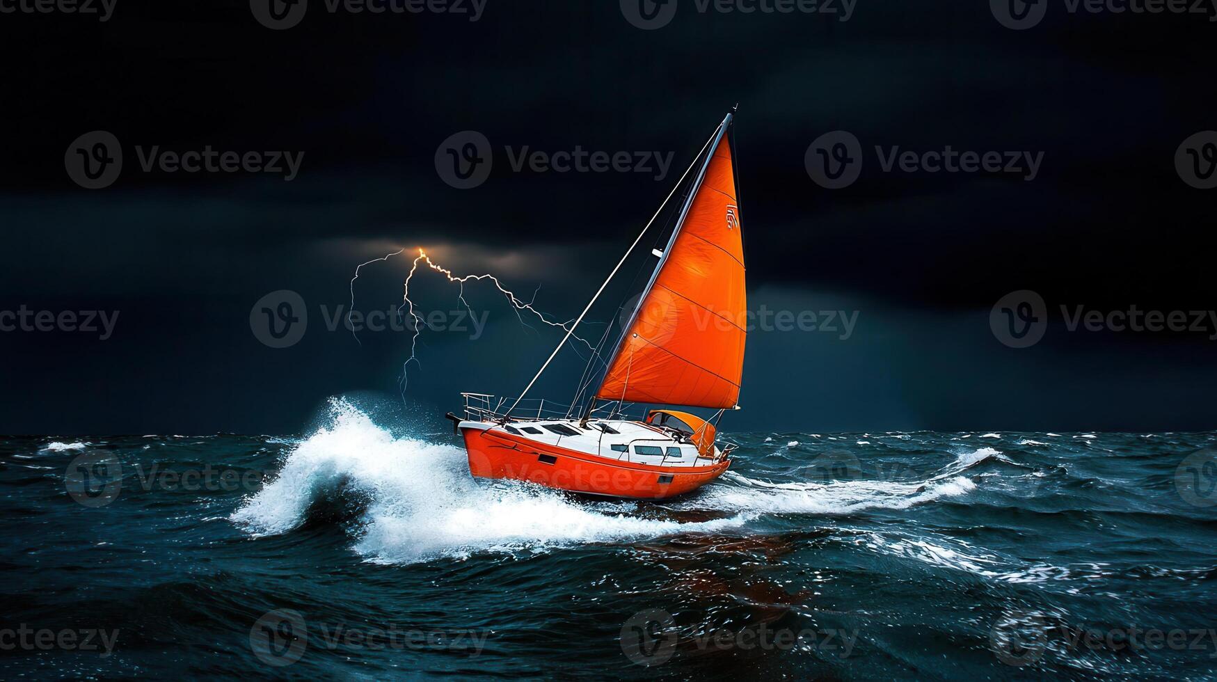 Dramatic Sailboat Navigating Stormy Seas Under a Lightning Charged Sky photo