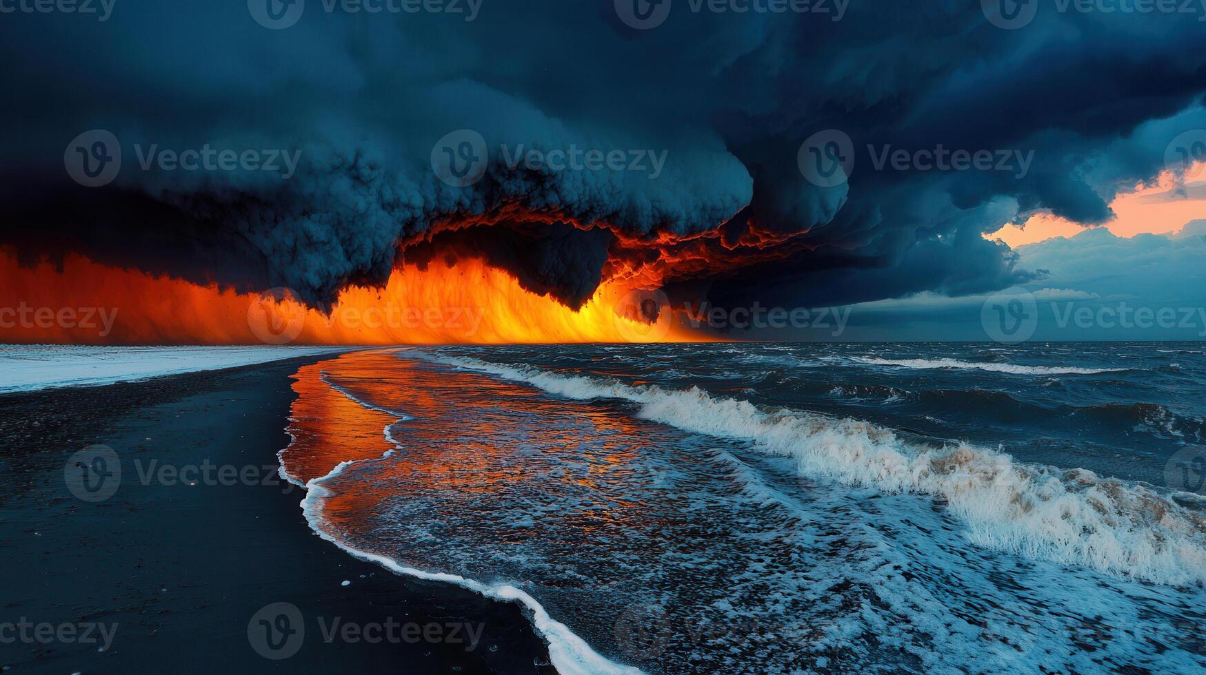 Dramatic Ocean Scene Fiery Lava Meets Dark Storm Clouds over Black Sand Beach photo