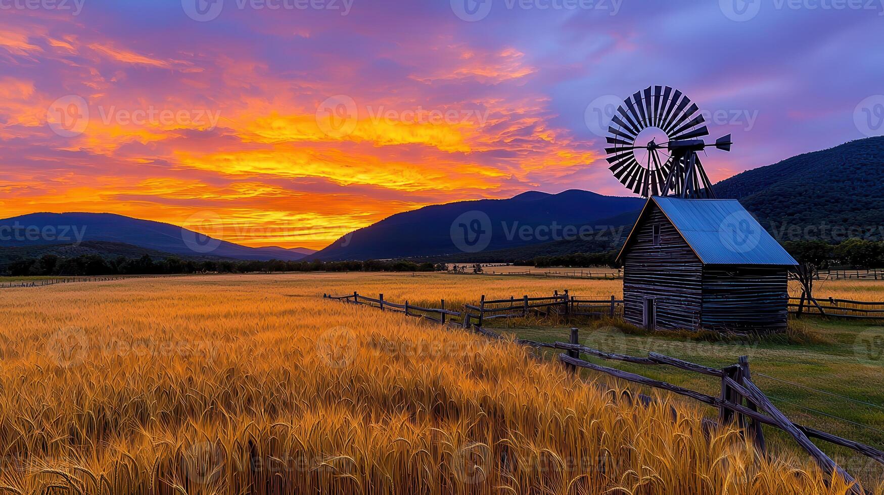 Vibrant Sunset over Rural Landscape with Windmill and Barn Golden Wheat Field photo