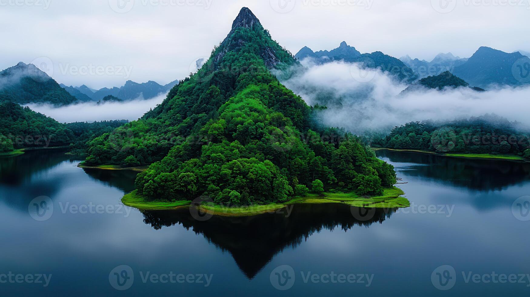 Serene Mountain Lake Landscape Misty Peak Lush Forest and Tranquil Waters Reflection photo