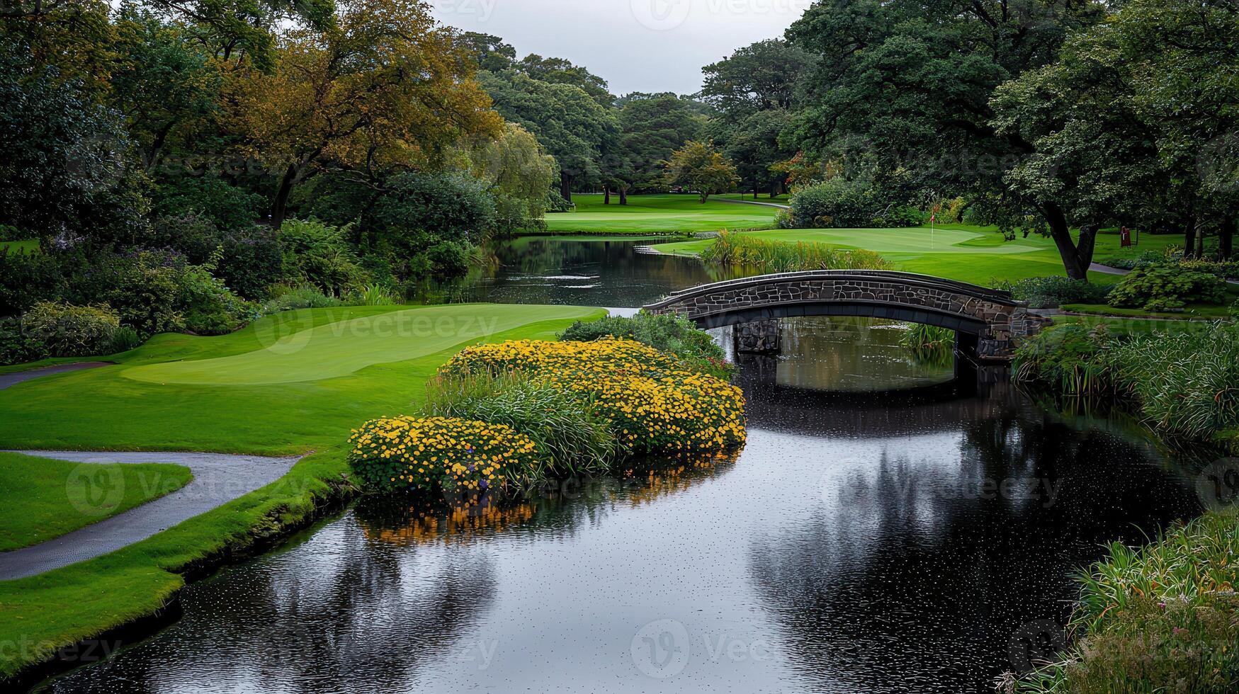 Serene Golf Course Landscape Stone Bridge Pond Lush Green Fairway Yellow Flowers photo