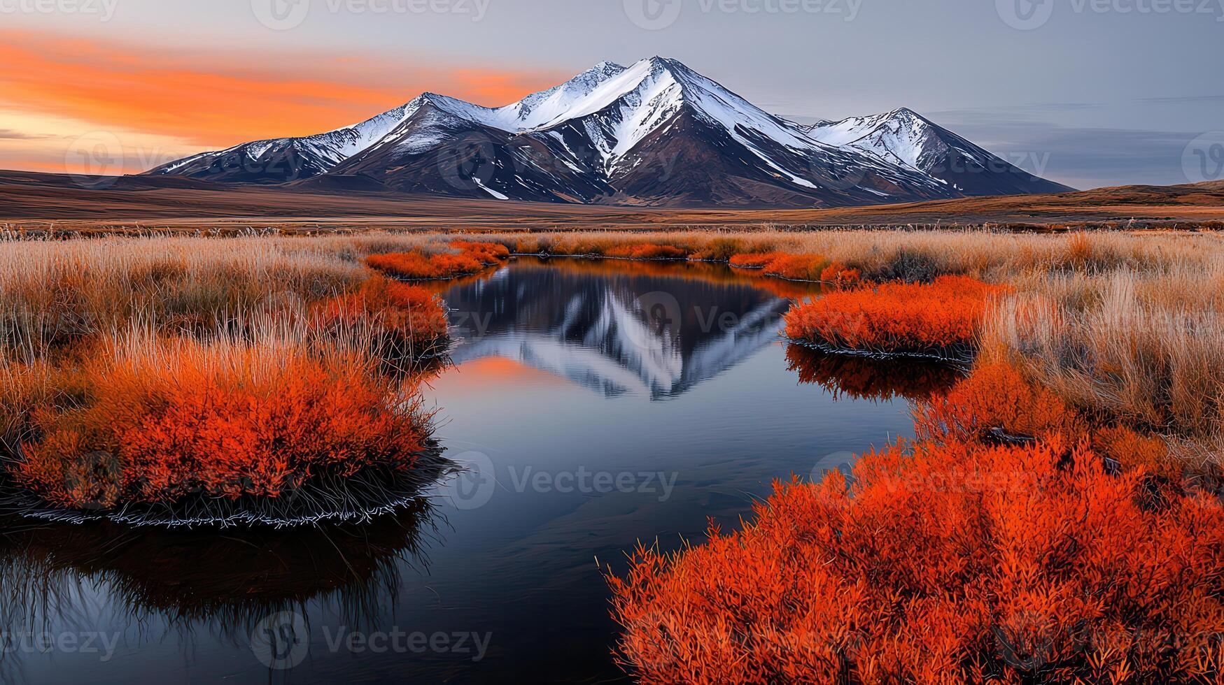 Stunning Sunset Reflection of Snowy Mountains in Autumnal Marshland photo