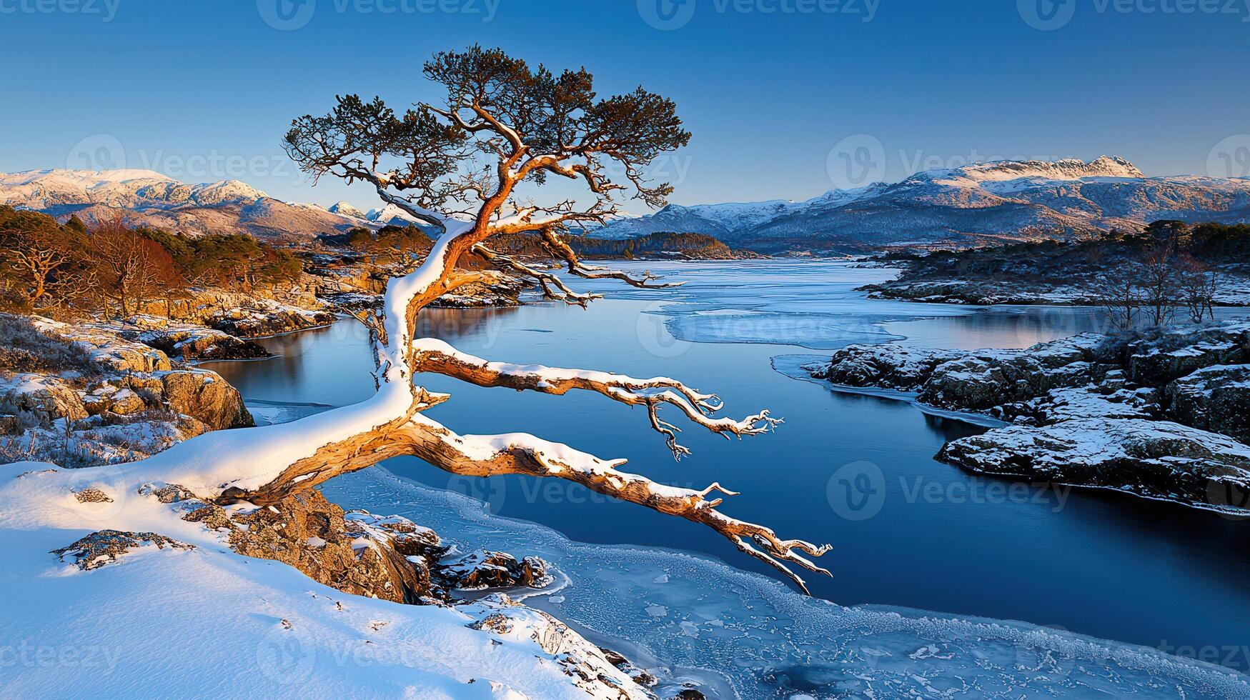 Majestic Winter Landscape Snow Covered Tree Over Frozen Lake and Mountain Range photo