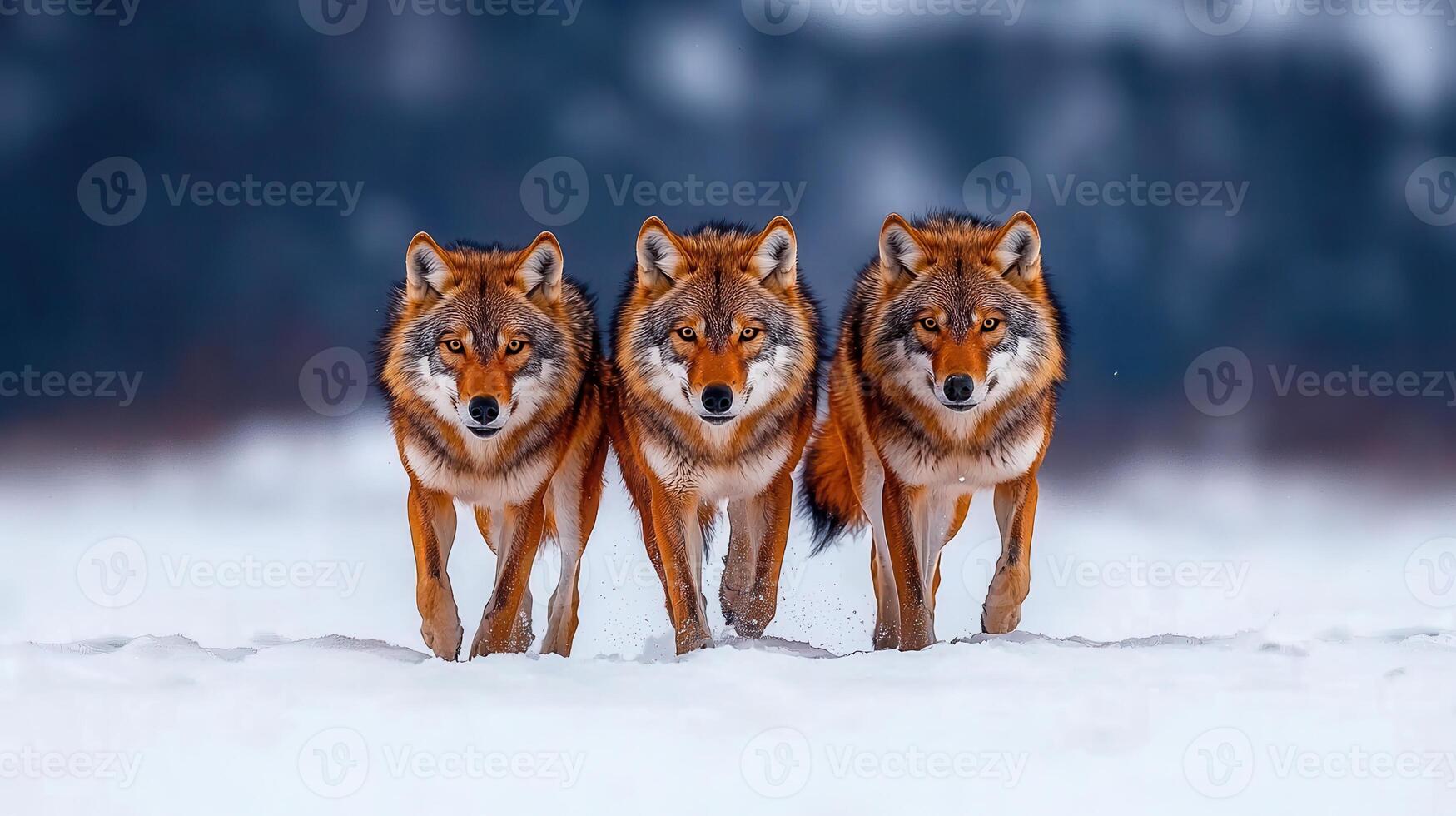 Majestic Trio of Wolves Walking in Winter Snow Wild Canids in Snowy Landscape photo