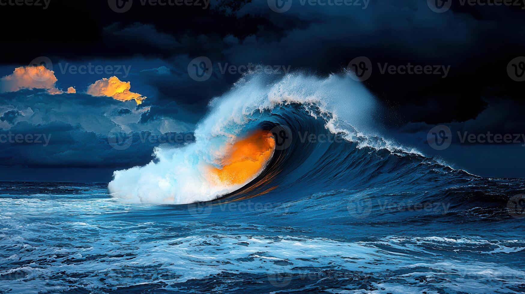 Dramatic Ocean Wave Crashing at Night Stunning Blue Hues and Orange Glow photo