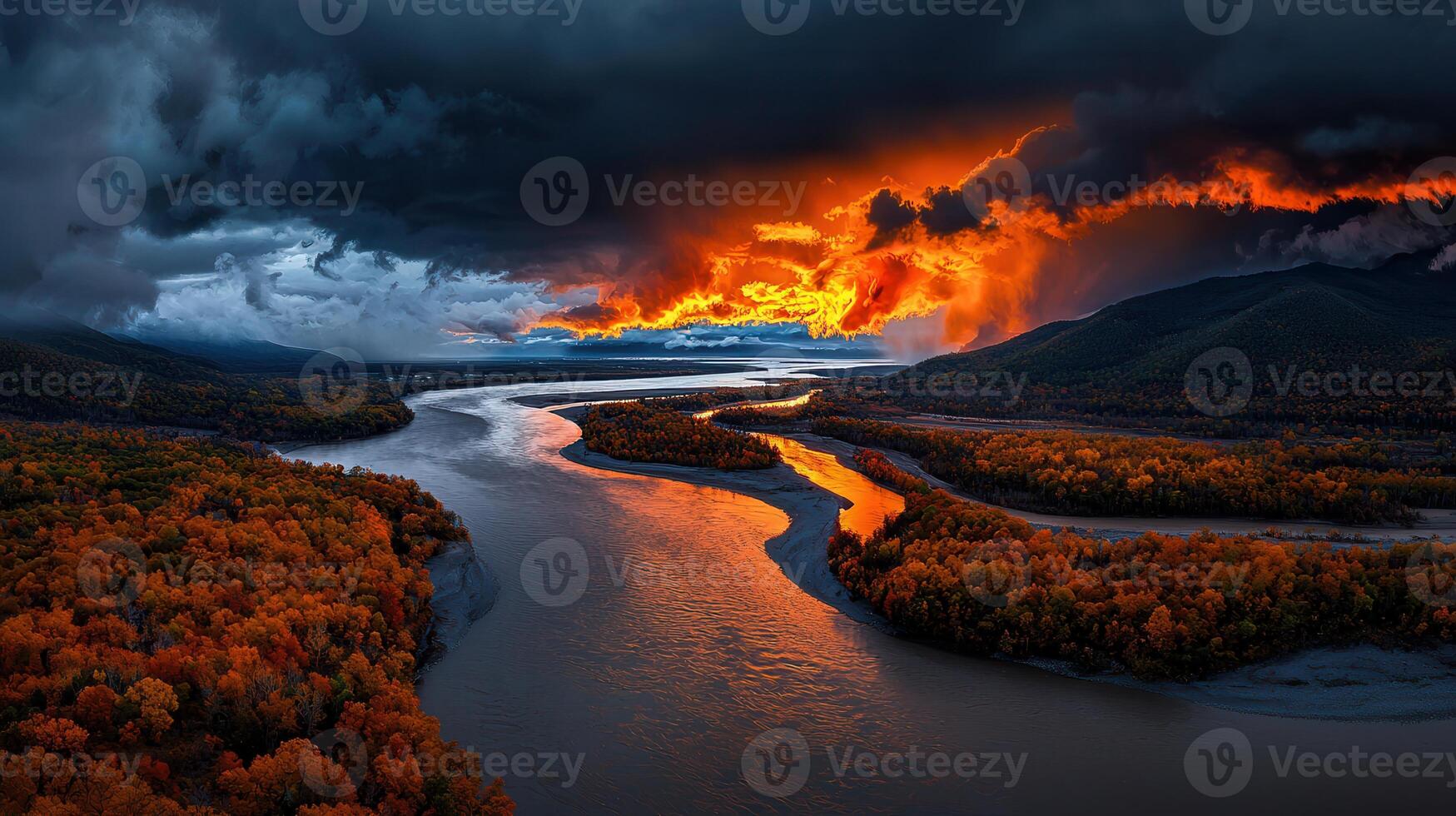 Dramatic Autumn River Landscape Fiery Sunset Winding River and Colorful Fall Foliage under a Stormy photo