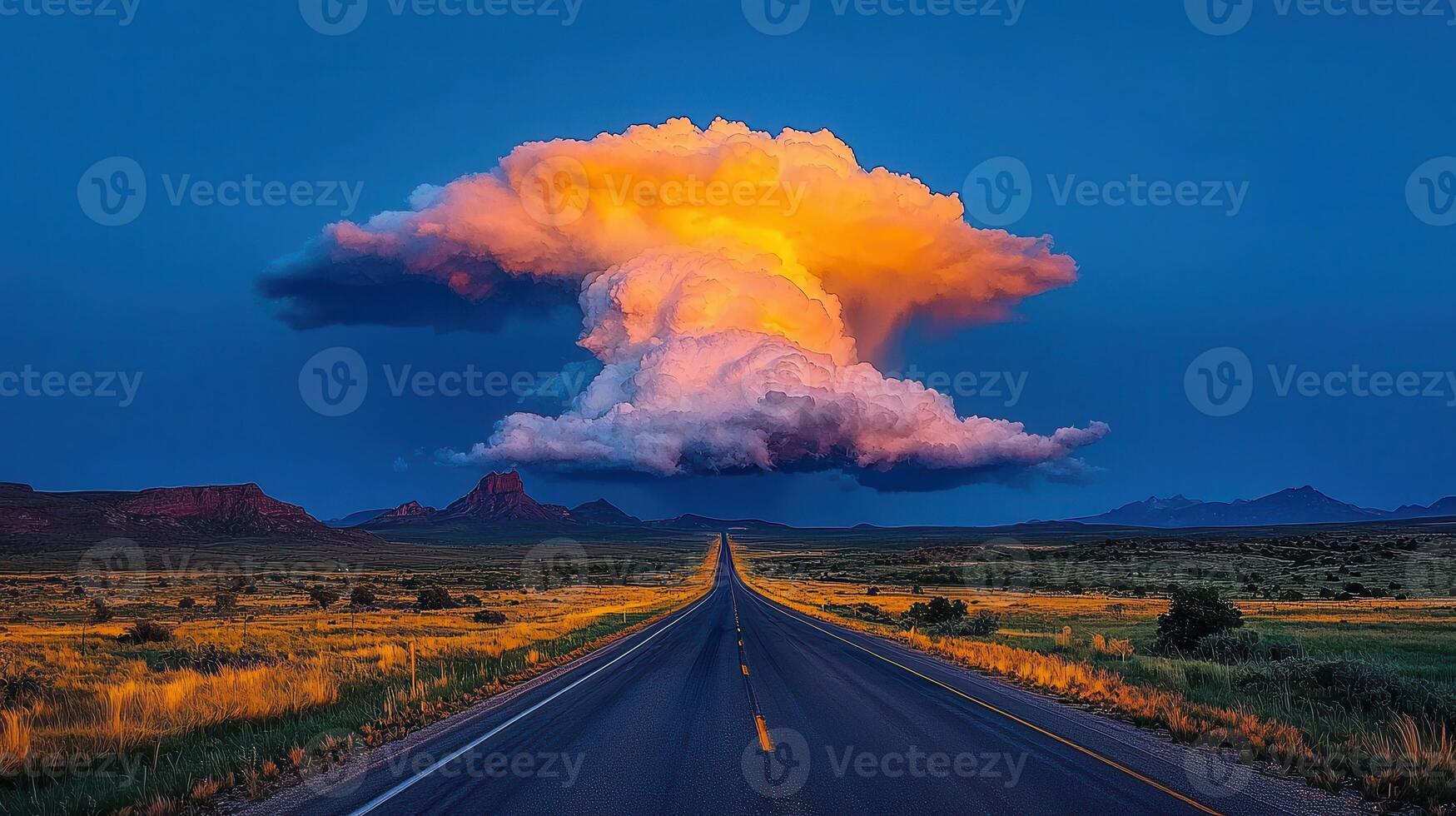 Dramatic Sunset Landscape Highway Through Desert with Massive Illuminated Cloud Formation photo