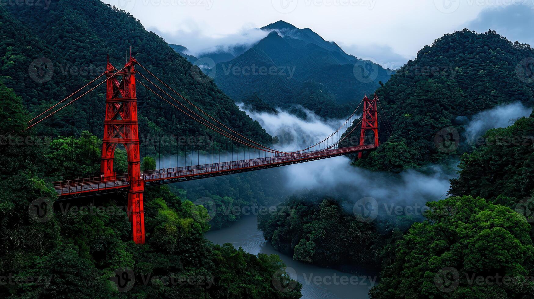 Misty Mountain Landscape with Striking Red Suspension Bridge photo