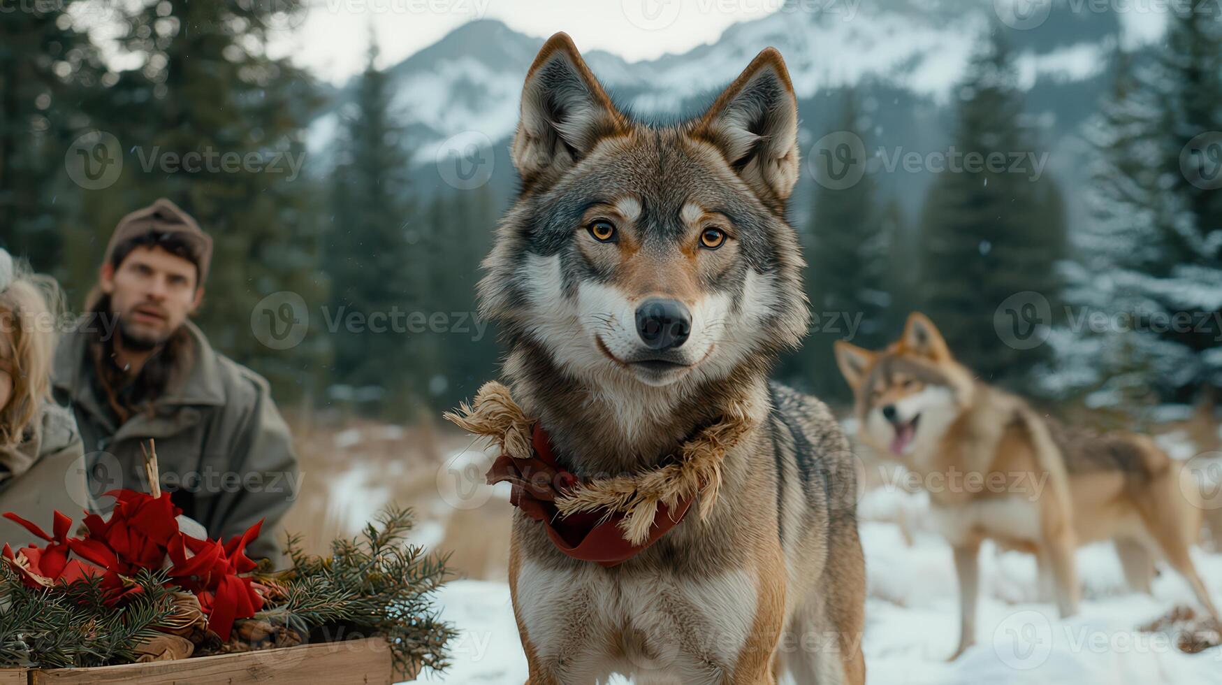 Majestic Wolf in Snowy Winter Landscape with Human Companions photo