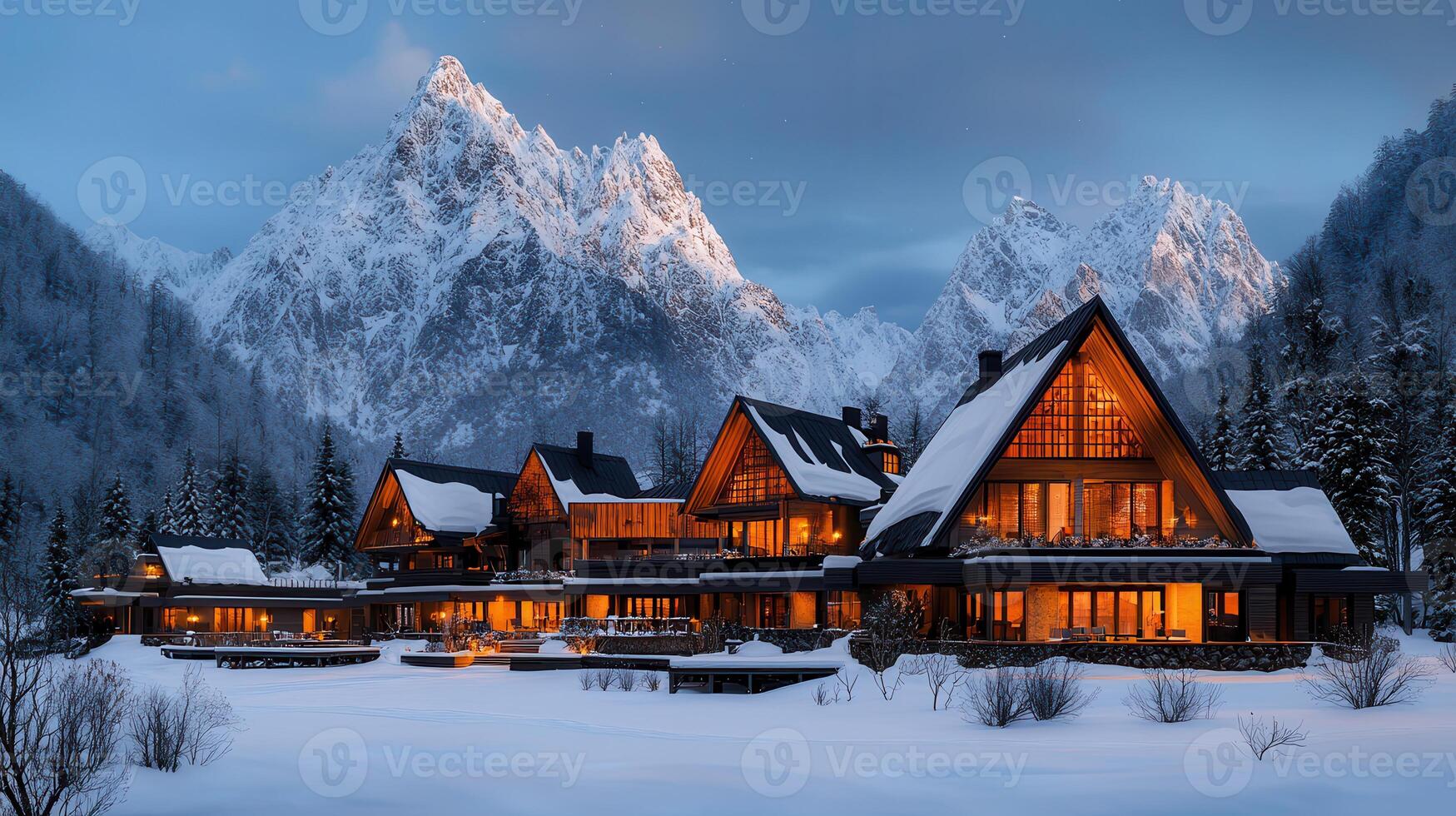 Luxurious A Frame Mountain Lodge in Snowy Winter Landscape Illuminated at Dusk photo