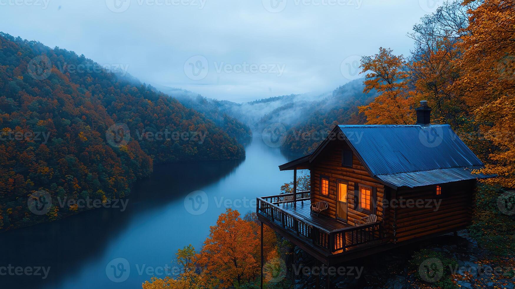 Secluded Log Cabin Overlooking Serene Autumn River Valley at Dusk photo