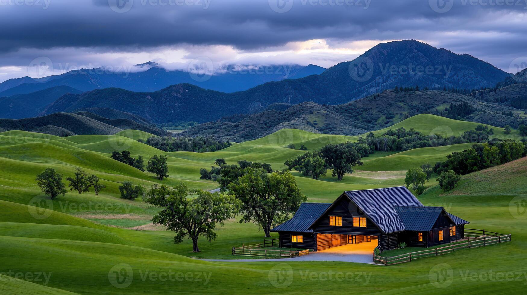 Serene Ranch House nestled in rolling green hills and majestic mountains at sunset photo