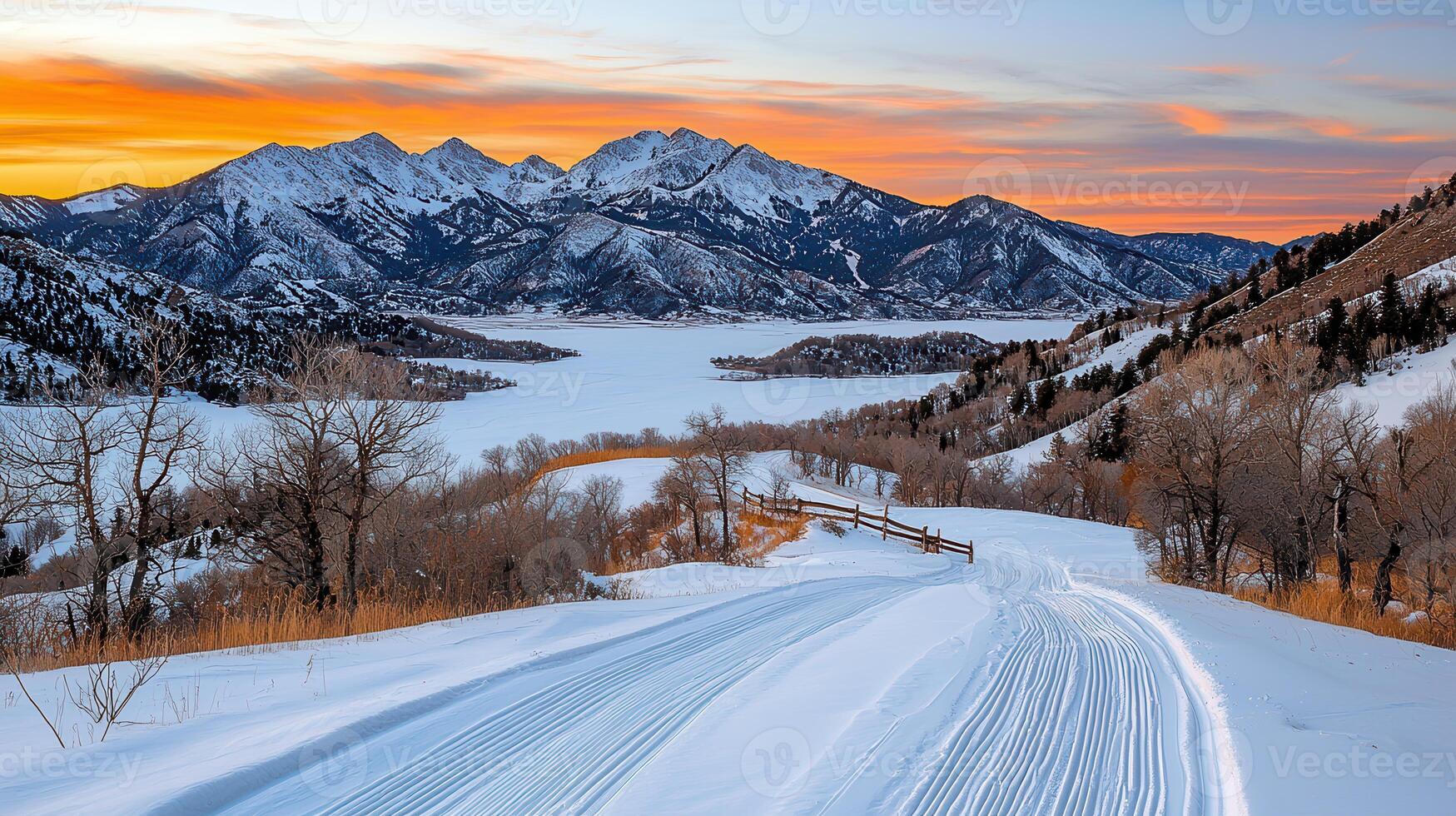 Scenic Winter Sunset over Frozen Lake and Mountain Range with Cross Country Ski Tracks photo
