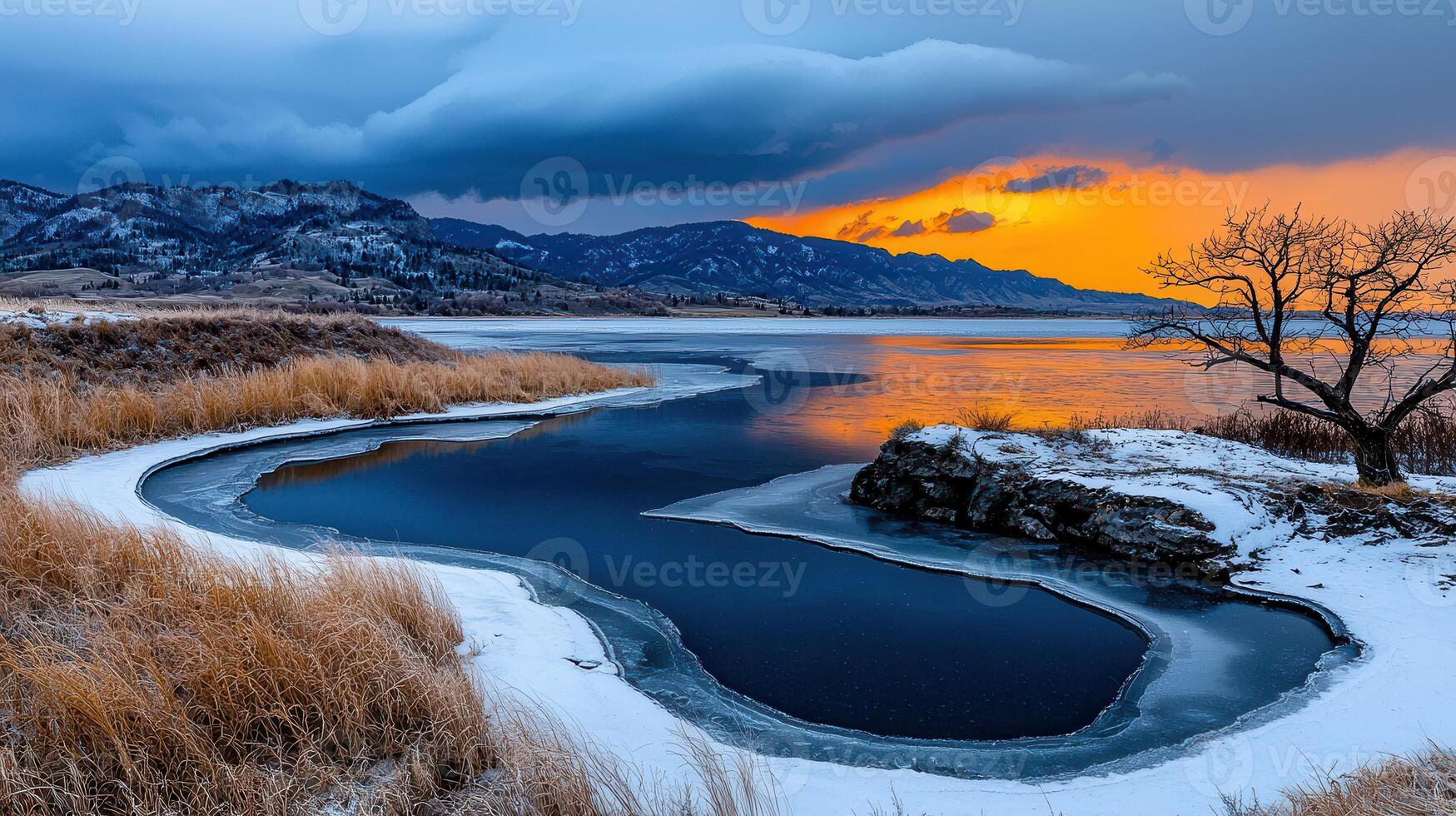 Stunning Winter Sunset over Frozen Lake and Mountains Scenic Landscape Photography photo