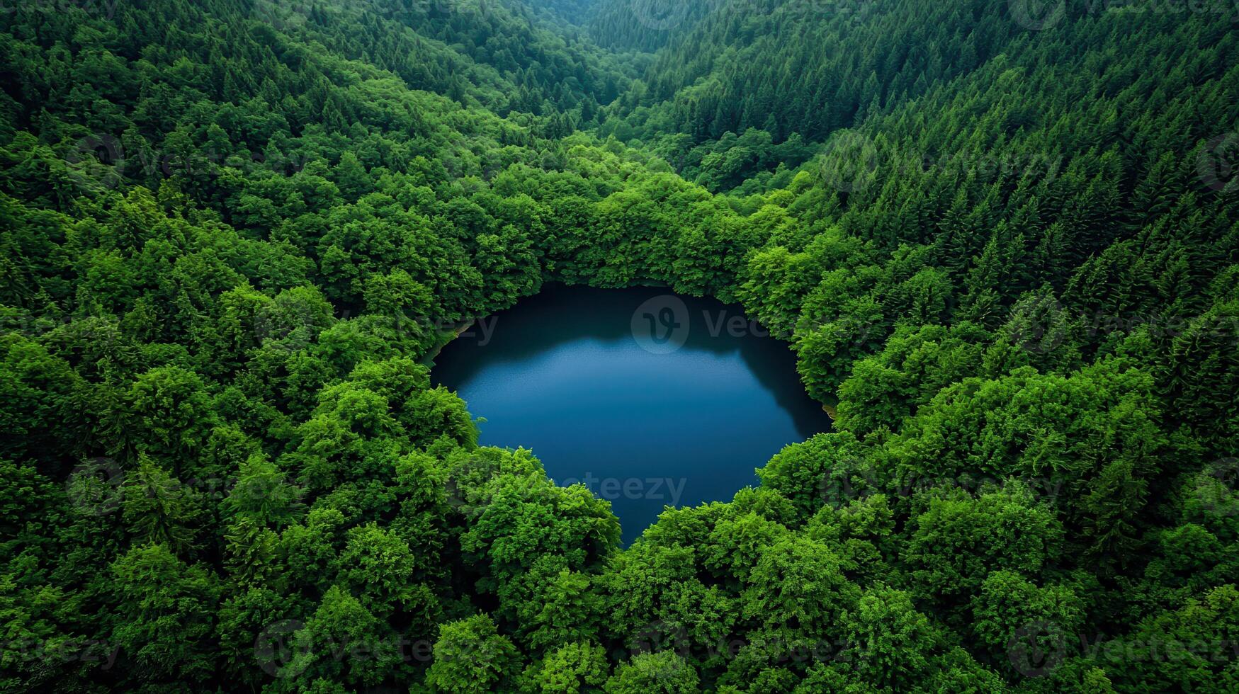 Aerial View of Serene Hidden Lake Surrounded by Lush Green Forest Canopy photo