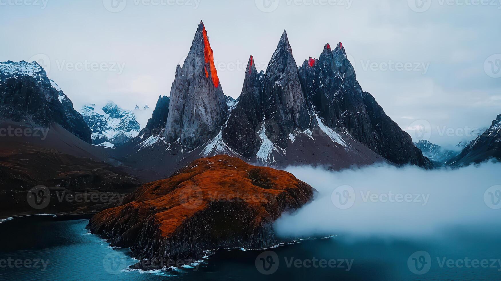 Dramatic Coastal Mountain Range with Autumnal Island and Misty Fjord Patagonia photo