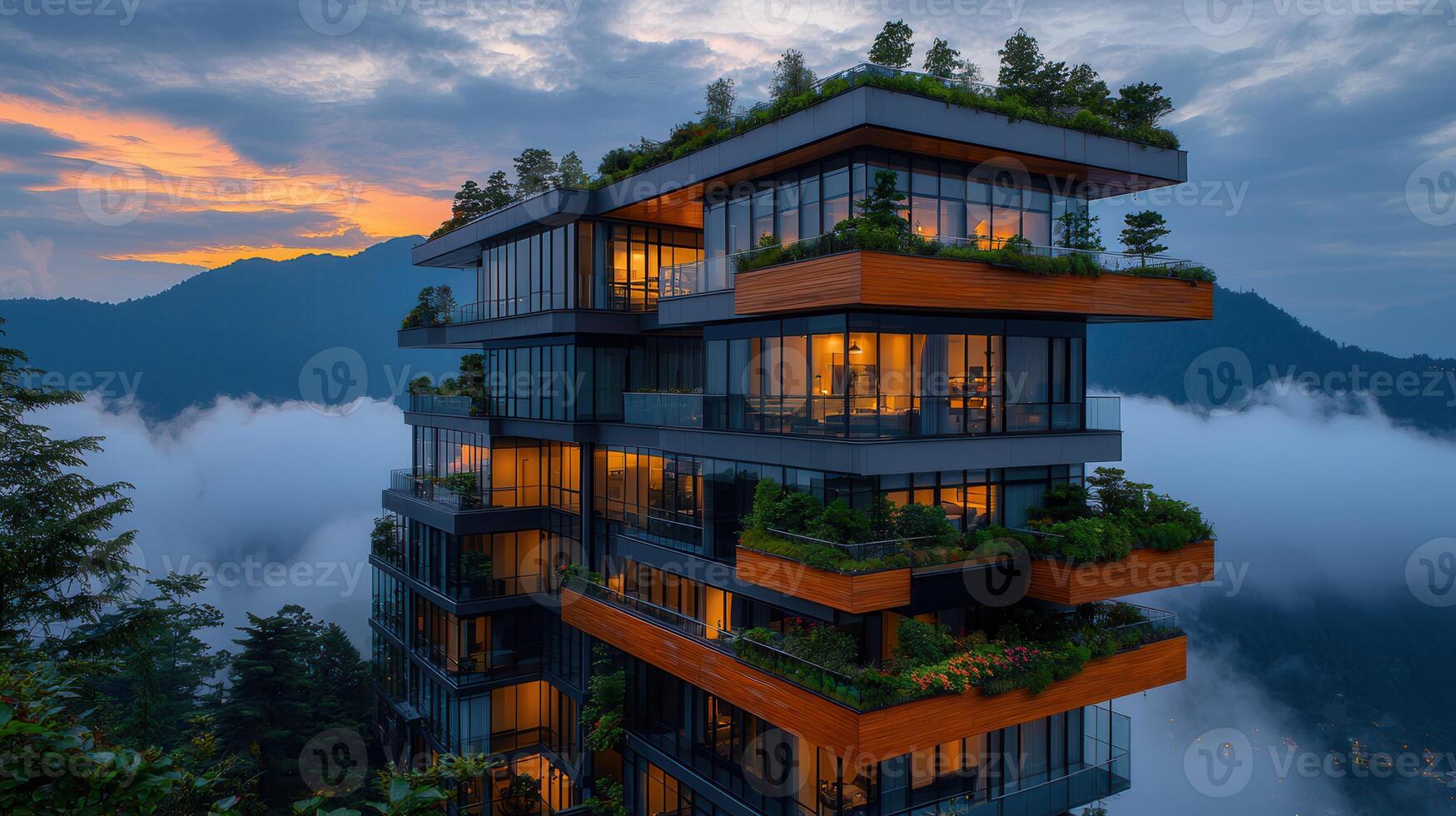 Luxurious Modern Eco Friendly Apartment Building in Mountainous Landscape at Sunset photo