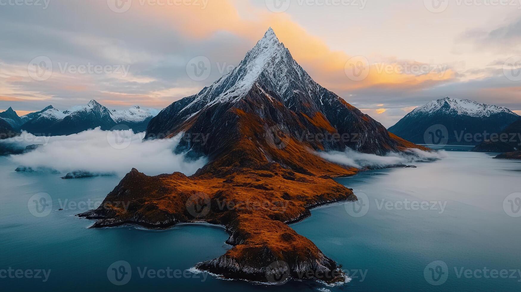Majestic Snow Capped Mountain Peak at Sunrise Over Serene Fjord and Island photo