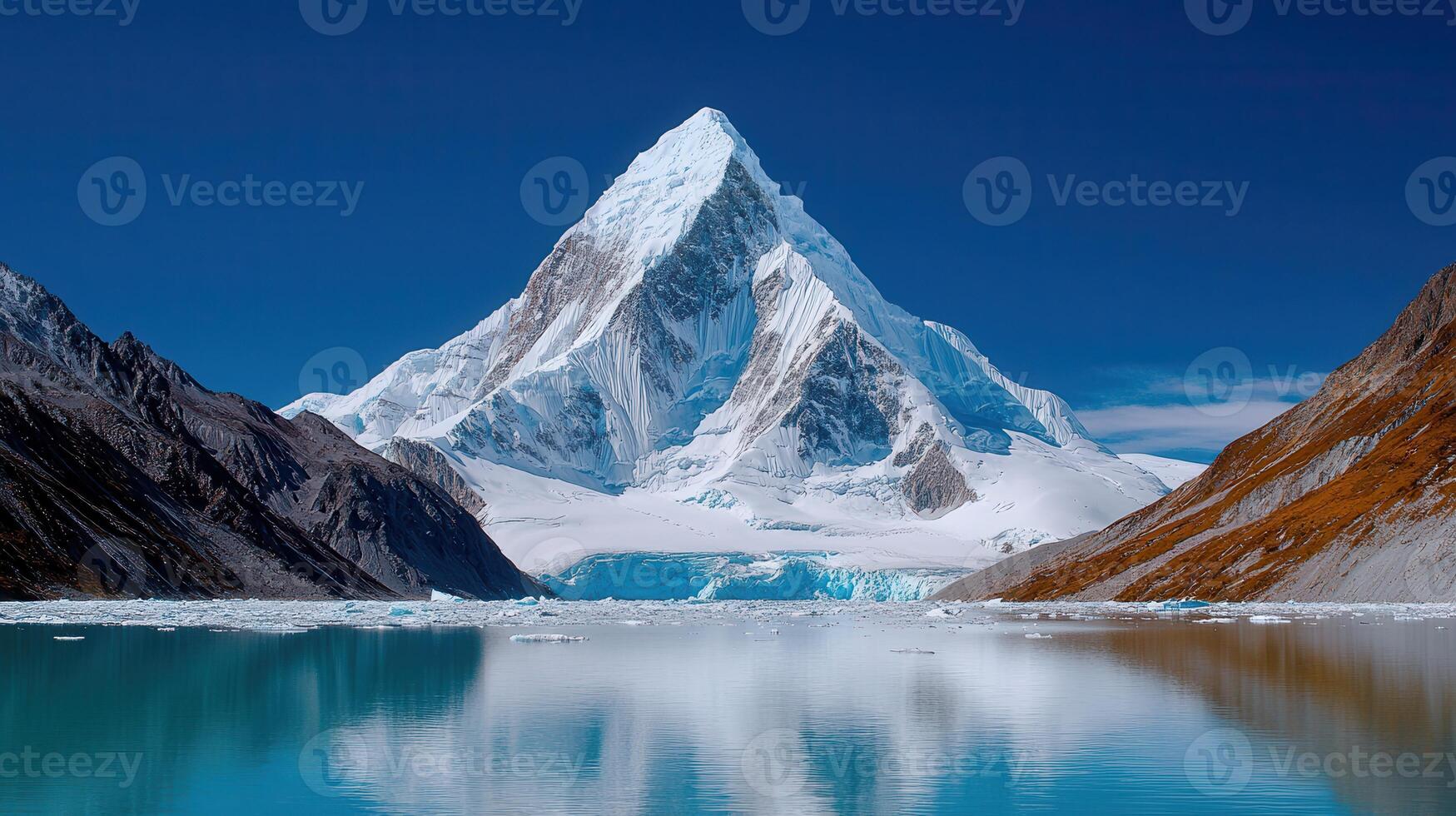 Majestic Snow Capped Mountain Peak Reflected in a Glacial Lake photo