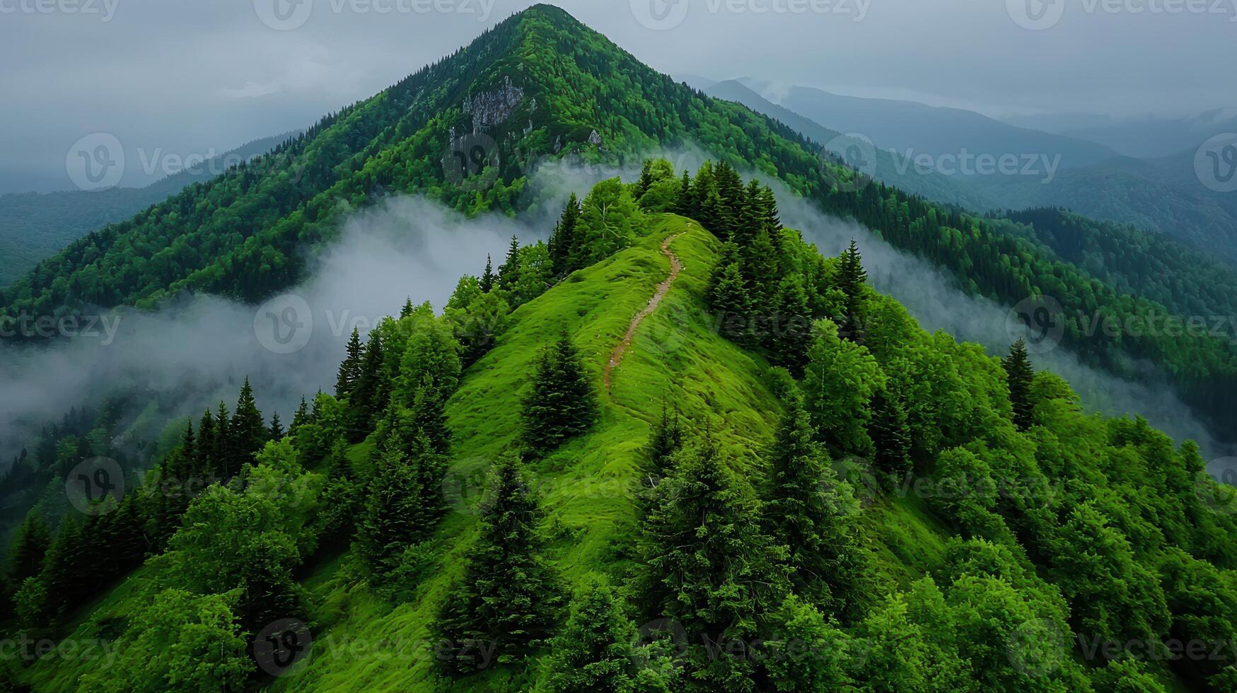 Majestic Mountain Ridge Trail Lush Green Forest Foggy Landscape Scenic View photo