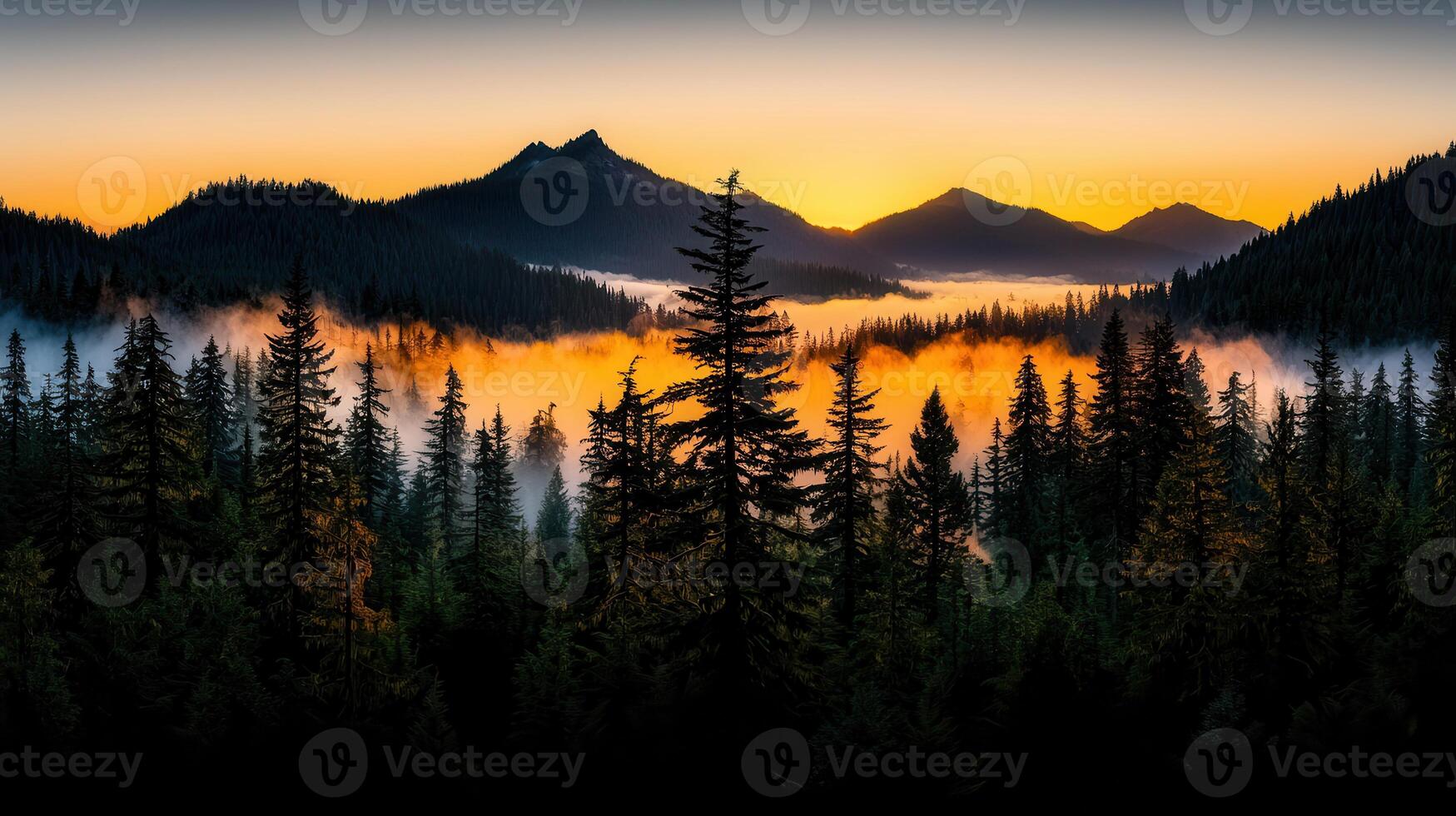 Majestic Sunset over Misty Mountain Forest Golden Hour Landscape Photography photo