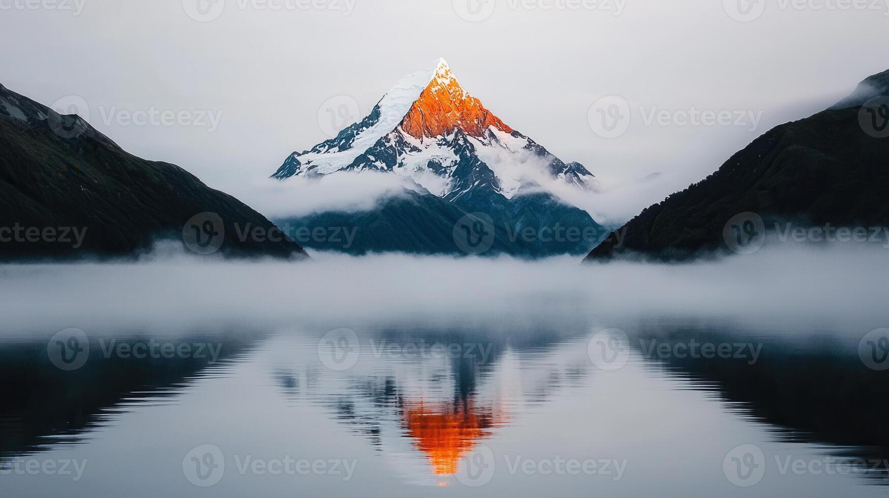 Majestic Mountain Peak Reflected in Misty Lake at Sunrise Stunning Nature Scenery photo