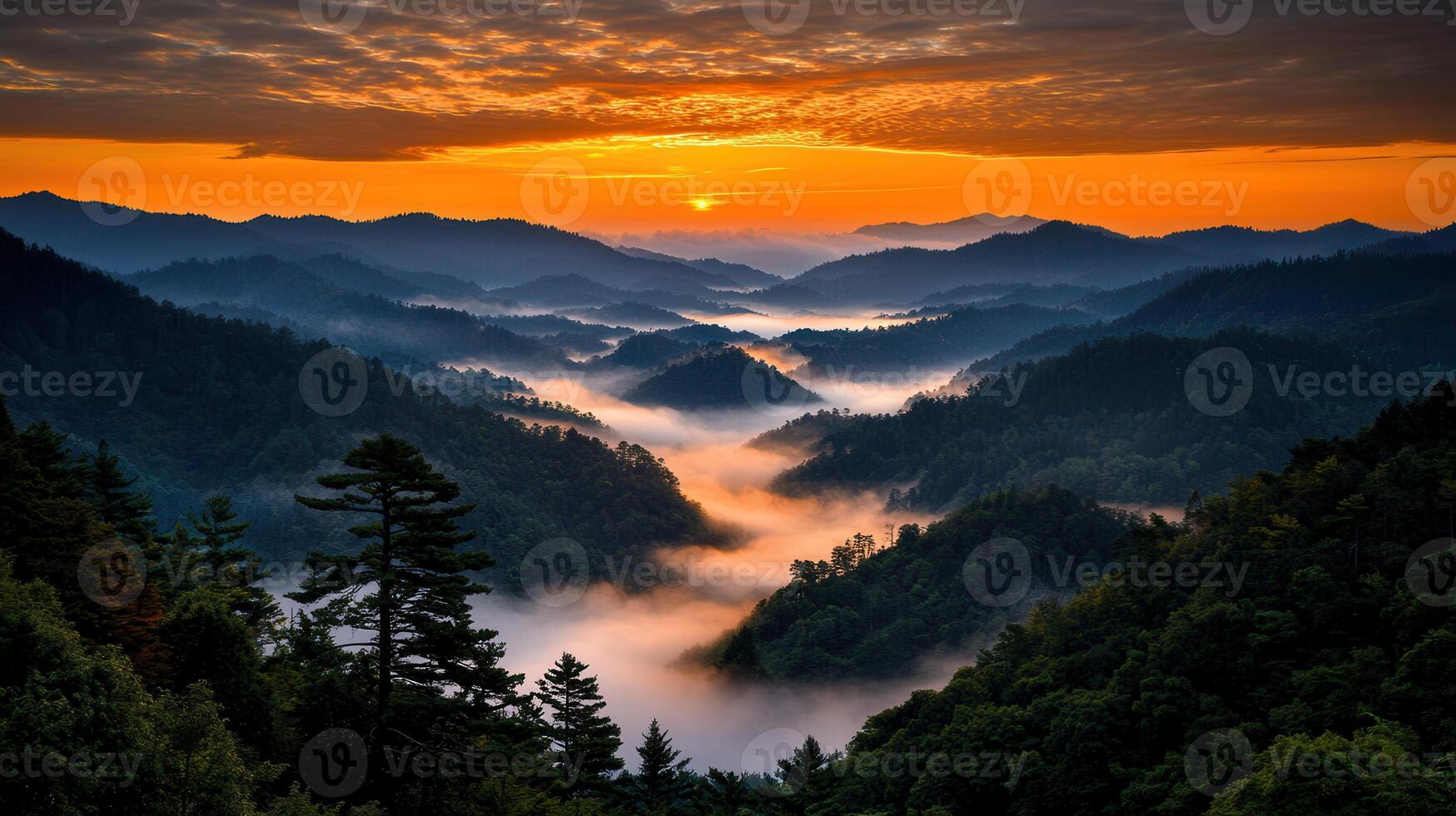 Majestic Sunrise Over Foggy Mountain Ranges Breathtaking Landscape Panorama photo