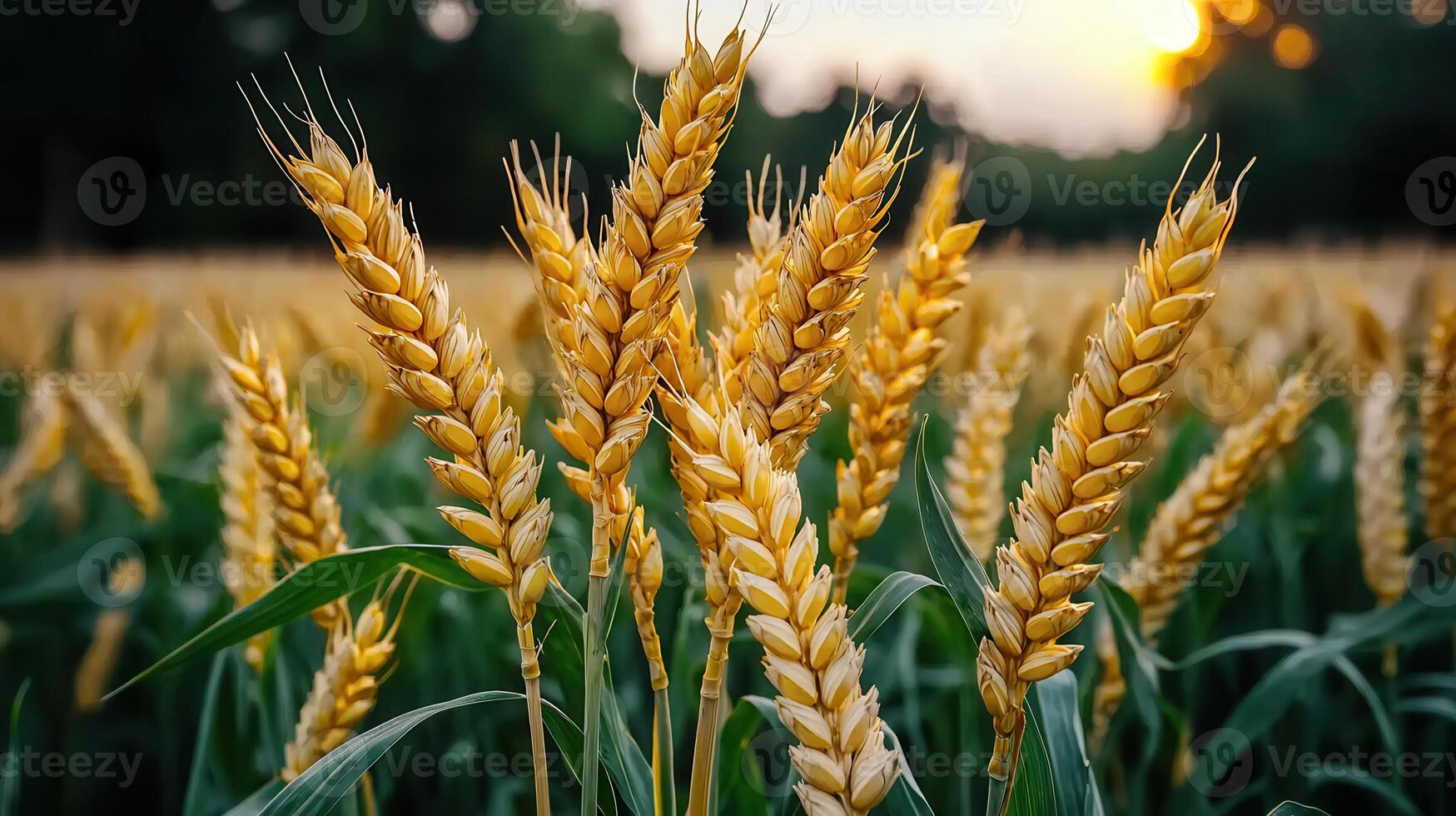 Golden Wheat Field at Sunset Close up of Ripe Ears of Grain photo