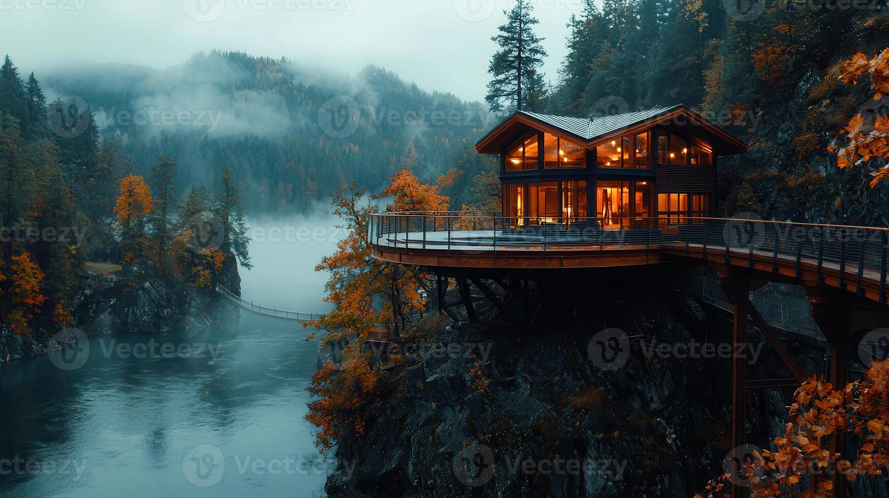 Stunning Modern Cabin on Cliff Overlooking Misty River Valley in Autumn photo