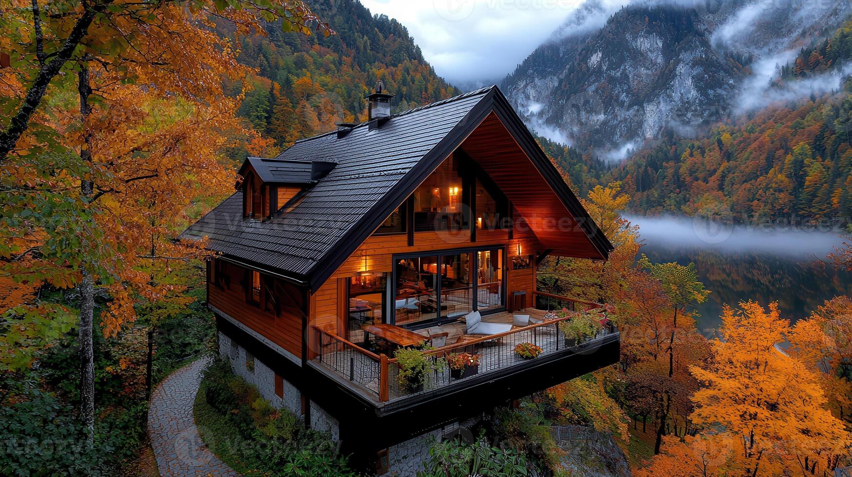 Luxurious Wooden Cabin in Autumn Mountain Landscape with Lake View photo
