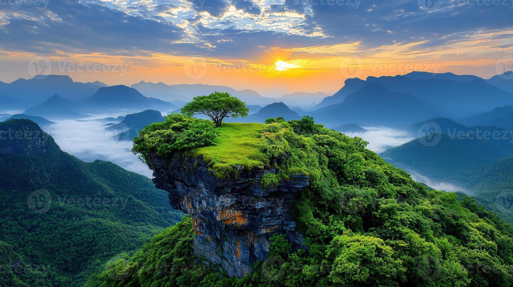 Majestic Sunrise Over Lush Mountaintop with Solitary Tree Serene Landscape Photography photo
