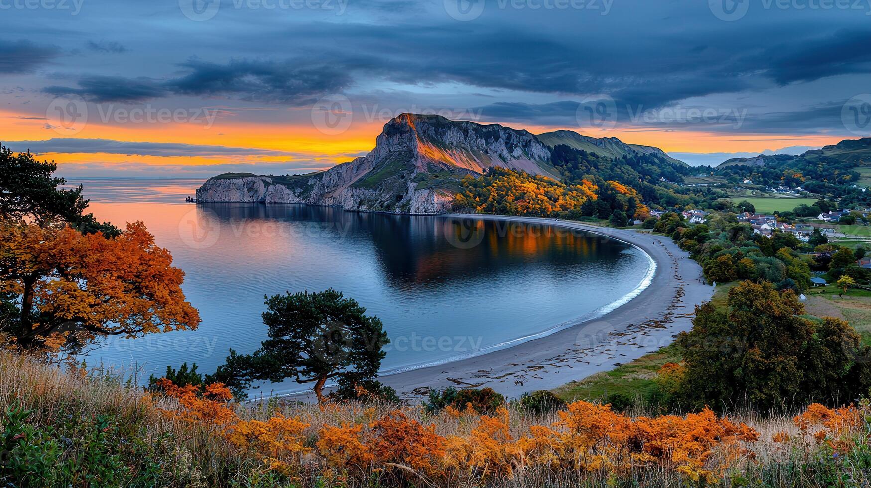 Stunning Autumnal Bay Landscape Coastal Scene with Mountain Beach and Colorful Trees at Sunset photo