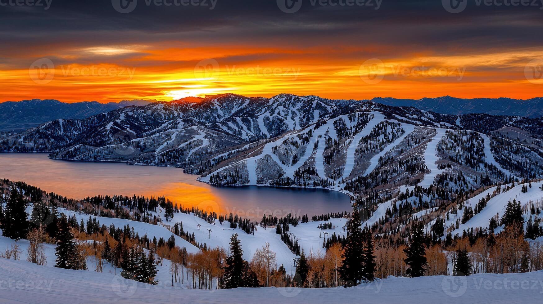 Stunning Sunset over Snow Covered Mountains and Lake Ski Resort Landscape photo