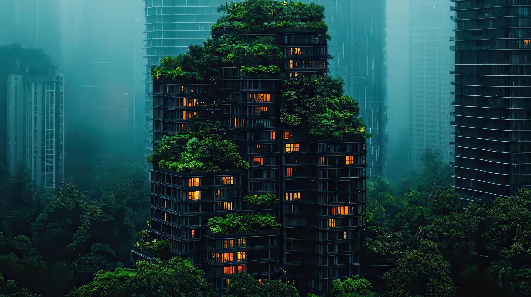 Lush Greenery Covered Skyscraper at Night Urban Nature Eco Friendly Architecture Modern Cityscape photo