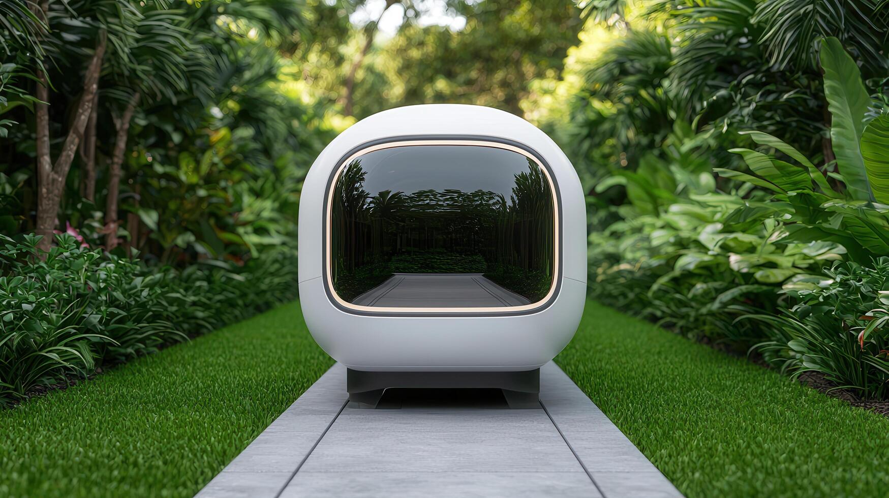 Futuristic Autonomous Vehicle in Lush Tropical Garden Setting photo
