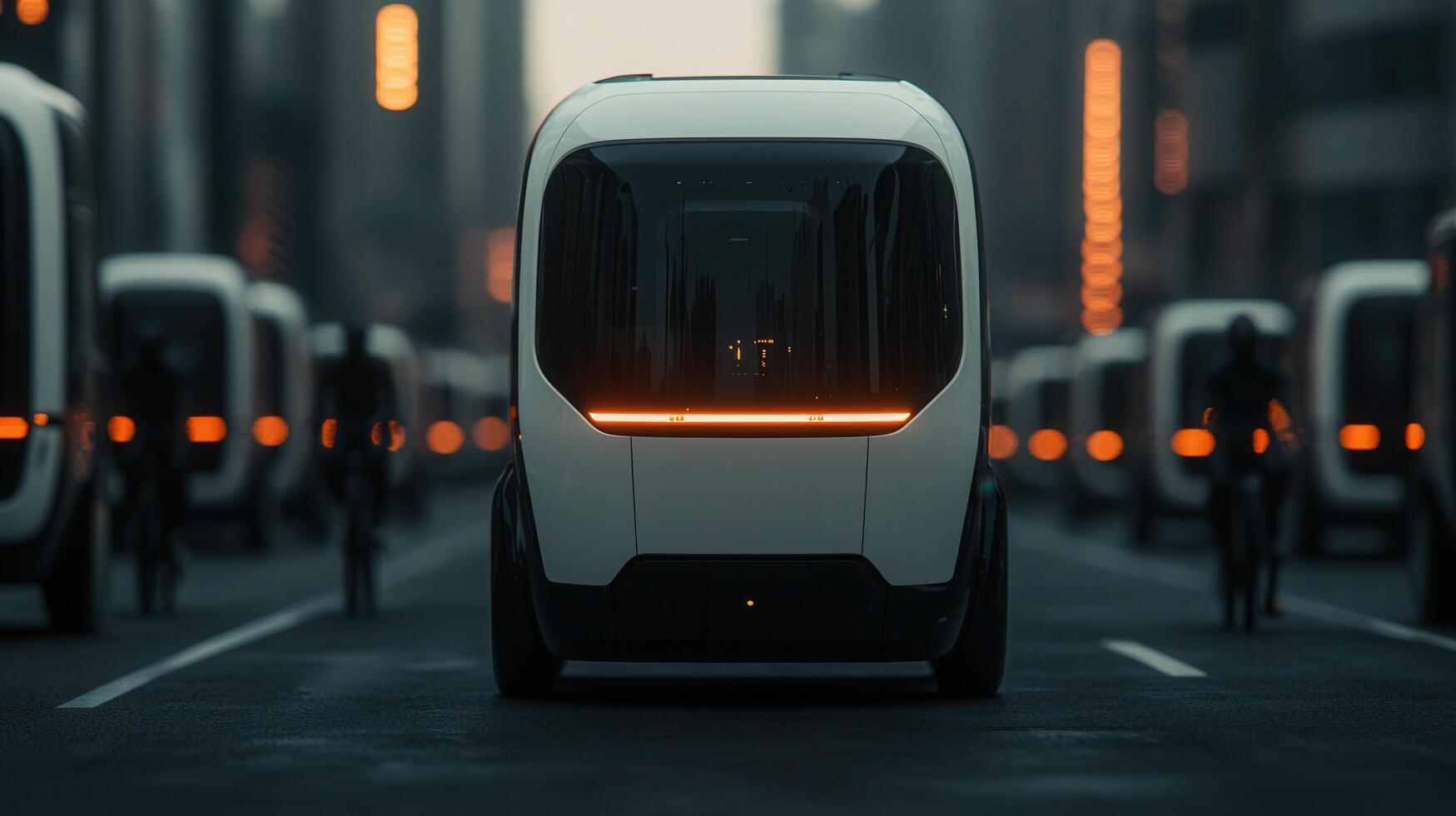 Autonomous Electric Vehicles Driving on City Street at Dusk photo