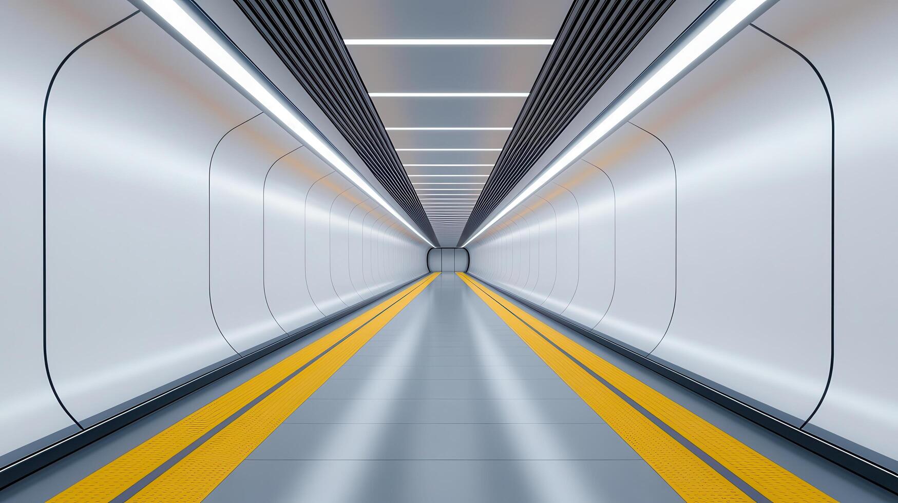Futuristic Subway Tunnel Corridor Modern Interior Design with Yellow Guide Lines and Bright Lighting photo