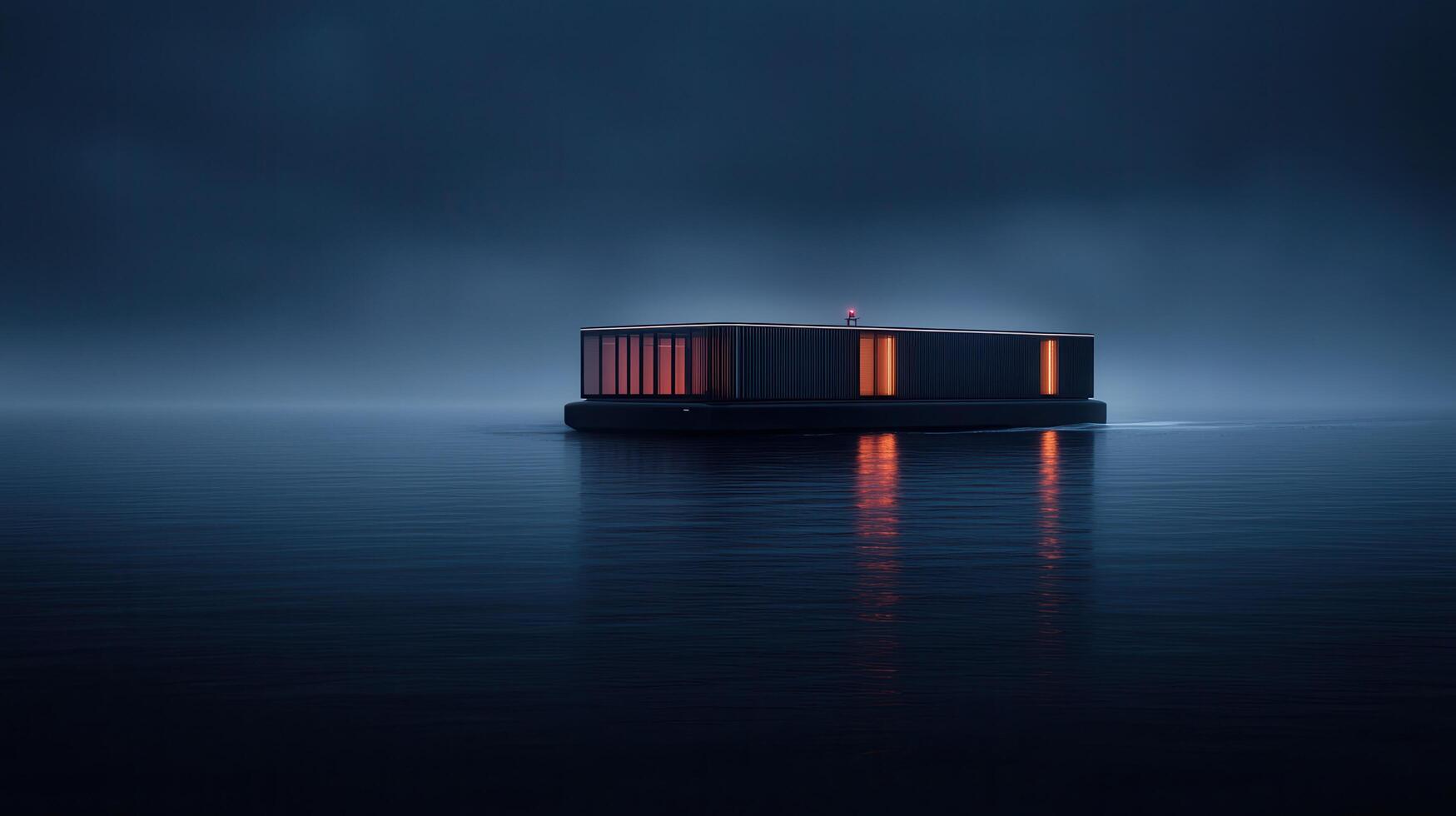 Modern Floating House on Calm Water at Night Illuminated Windows Minimalist Architecture photo