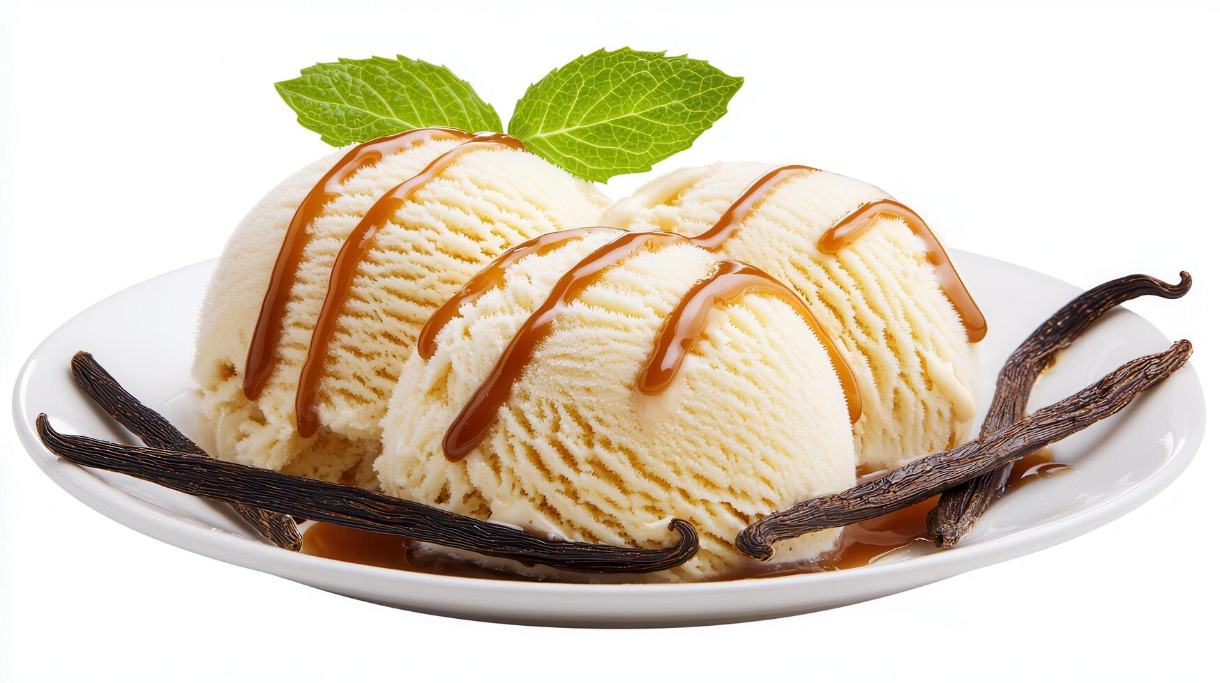 Delicious Vanilla Ice Cream Scoops with Caramel Sauce and Vanilla Beans photo