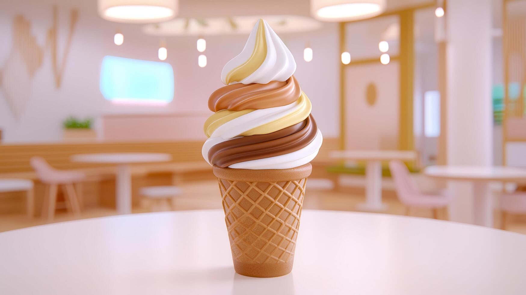 Delicious Triple Swirl Ice Cream Cone in Modern Cafe Setting photo