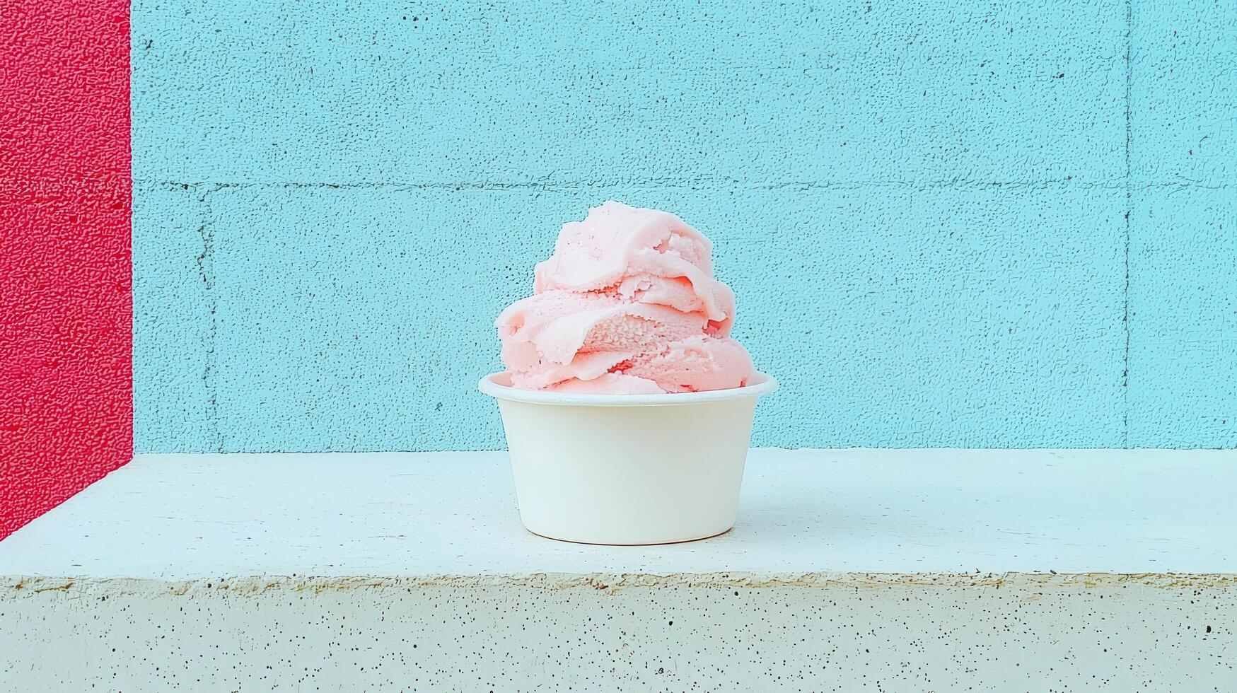 Delicious Pink Strawberry Ice Cream in a Cup Against a Pastel Wall photo
