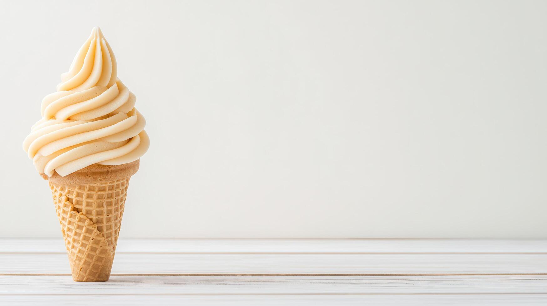 Creamy Vanilla Soft Serve Ice Cream Cone on White Wooden Table photo