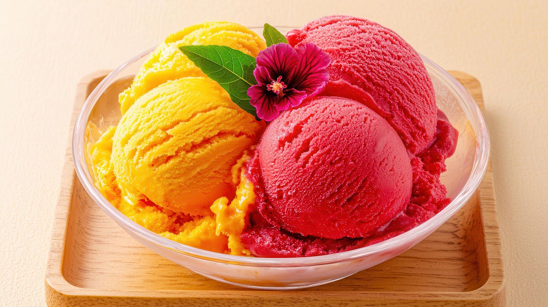 Delicious Mango and Raspberry Sorbet Ice Cream Scoops in Glass Bowl photo