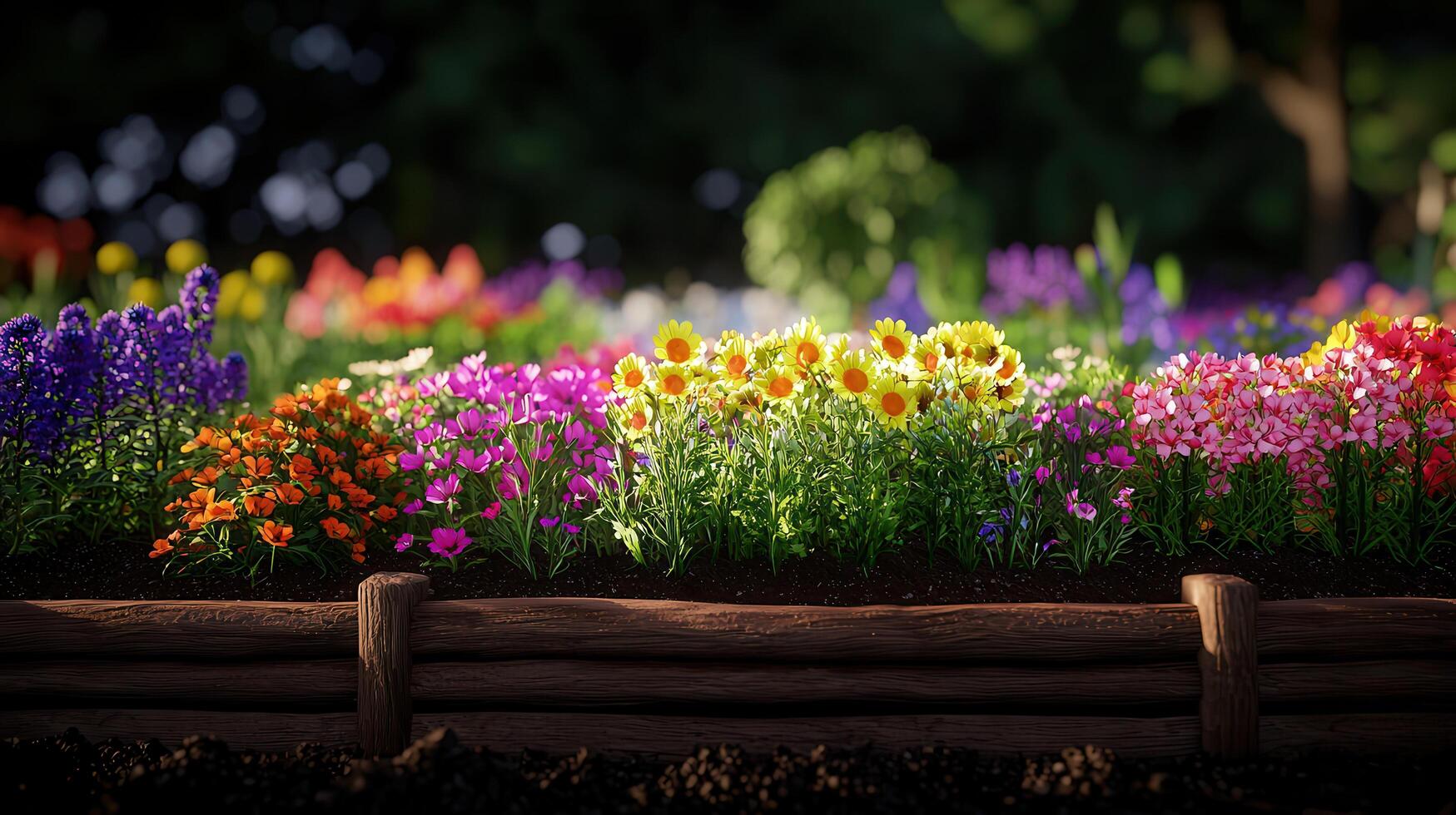 Vibrant Rainbow of Spring Flowers in a Wooden Planter Box Blooming Garden Sunny Day photo