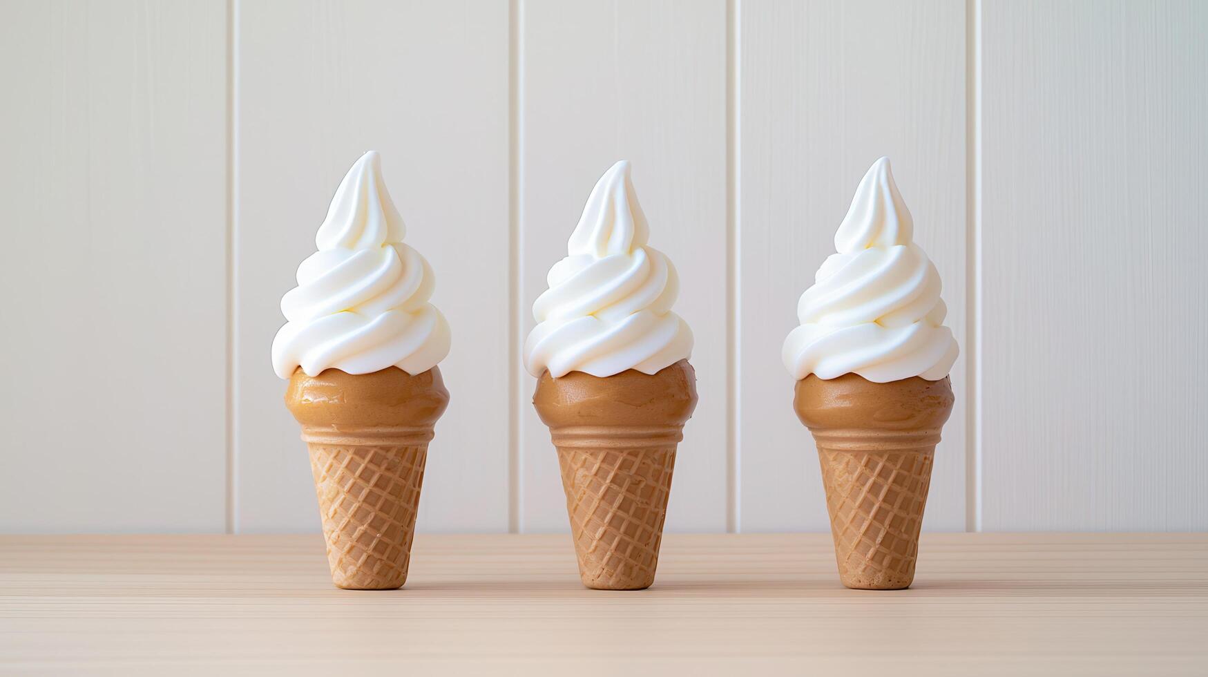 Three Creamy Vanilla Soft Serve Ice Cream Cones on Wooden Table photo