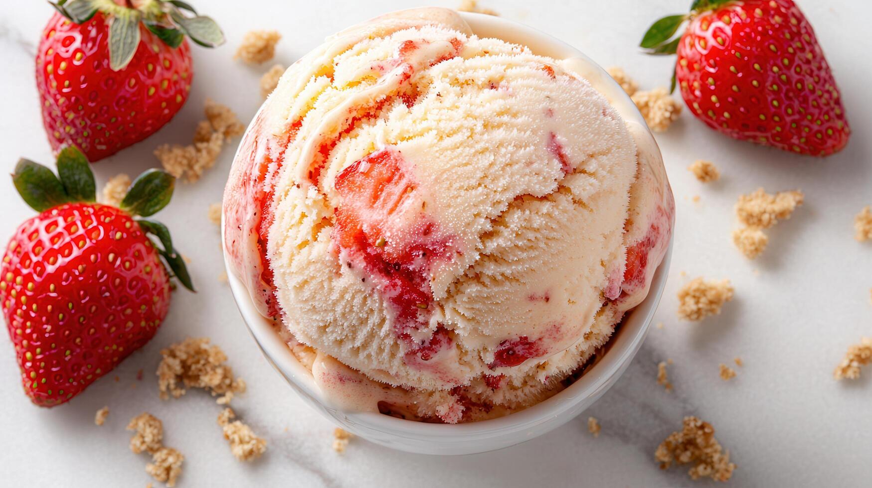 Delicious Strawberry Ice Cream Scoop with Fresh Strawberries and Crumble Topping photo