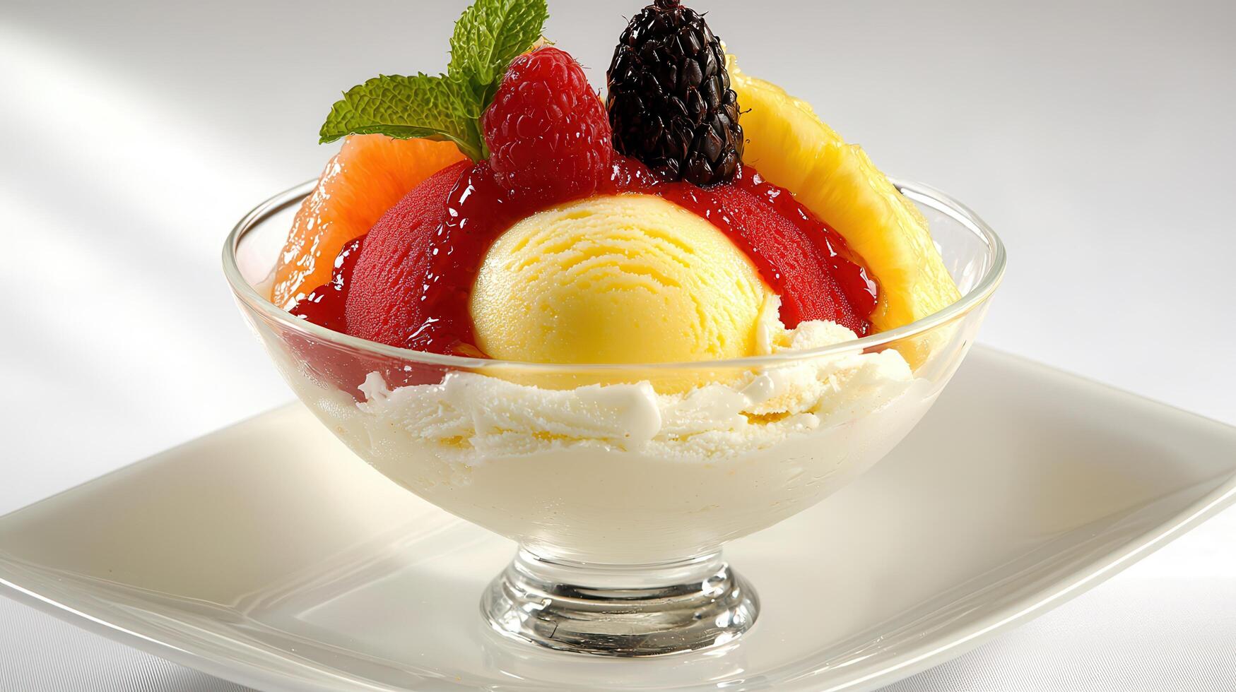 Delicious Vanilla Ice Cream Dessert with Fresh Raspberries Pineapple and Grapefruit photo