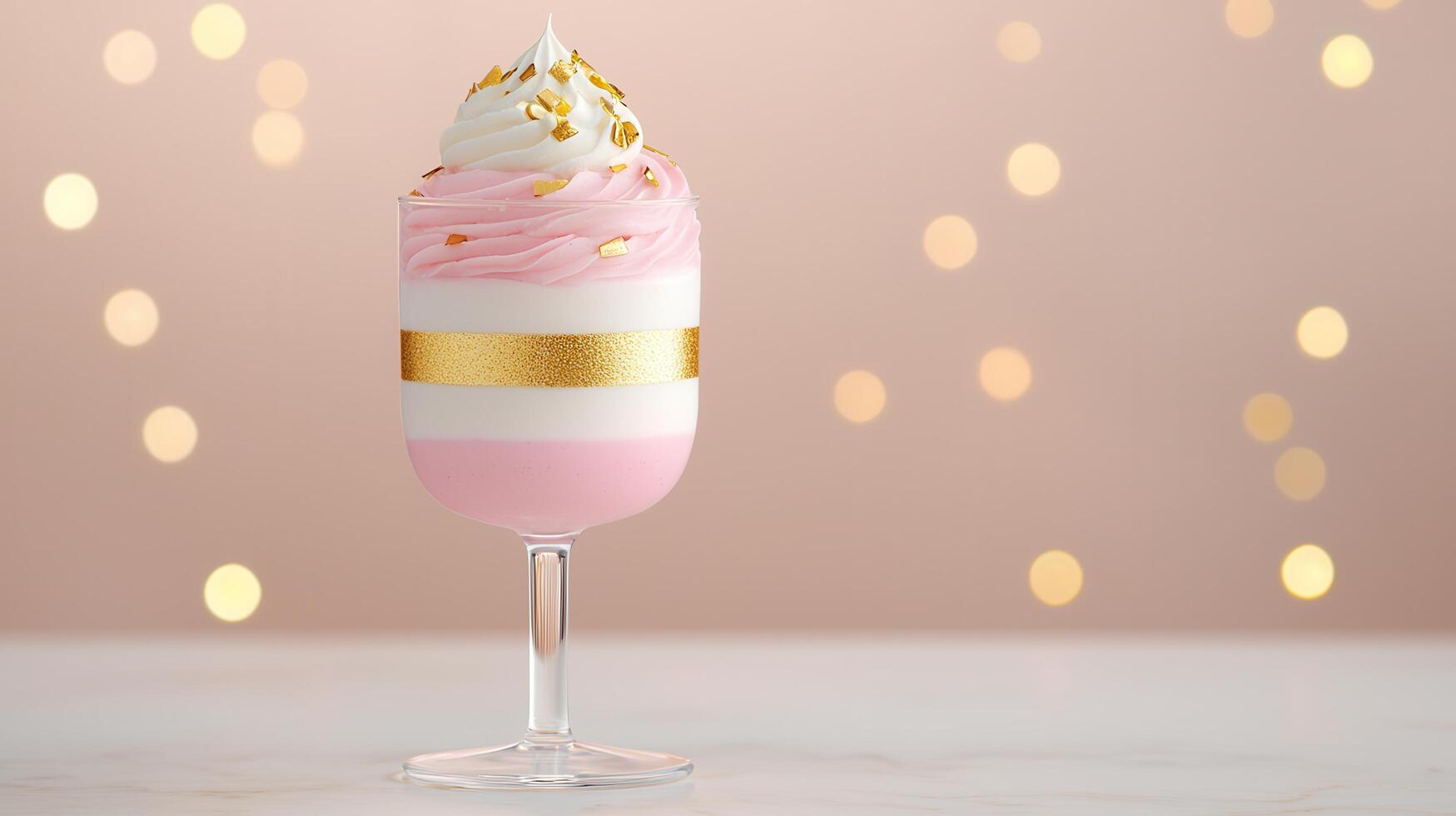 Elegant Pink and White Layered Dessert in Glass with Gold Accents Festive Bokeh Background photo
