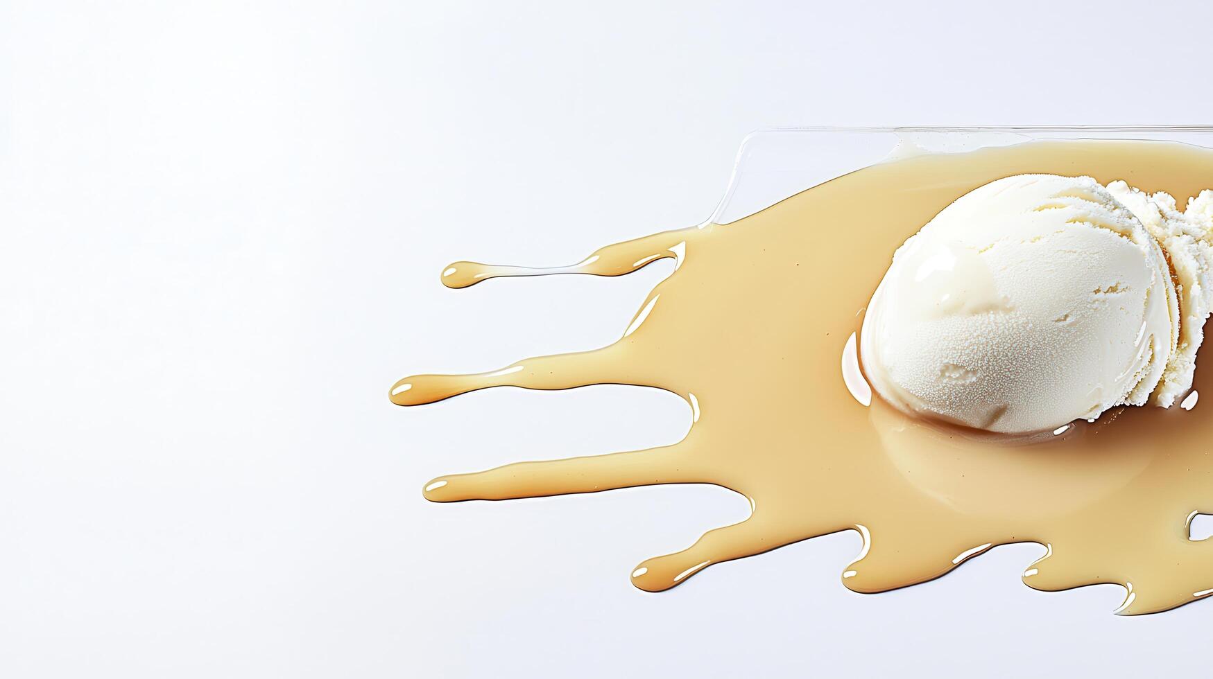 Creamy Vanilla Ice Cream Scoop Melting in Caramel Sauce Drizzle photo